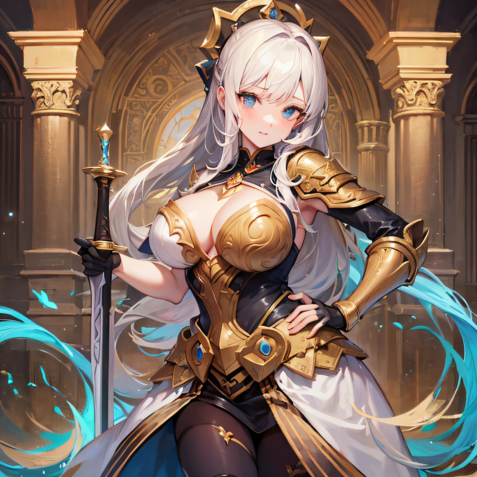 Peerless beauty, perfect slim body, mature royal sister face, long hair, curly hair, knight battle suit, sexy and seductive, beautiful face, full body portrait, standing pose, 4K picture quality, feminine expression, blush shyness, star-like deep eyes, huge breasts, short skirt, sword and magic. The bust is greatly large, fighting with Warcraft, speed lines, the best quality, masterpieces. Double ponytail
