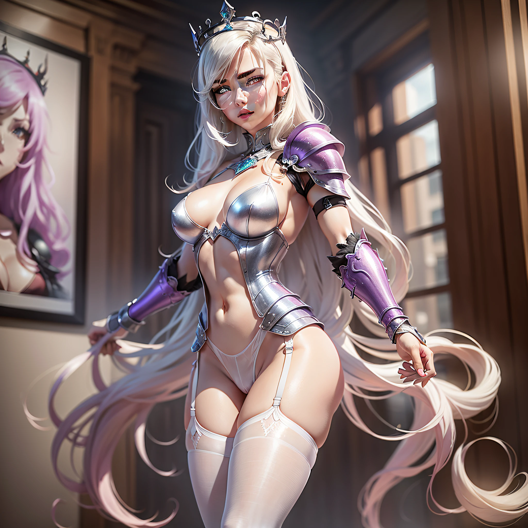 Full body of a woman in a red dress, long white hair, beautiful and seductive anime woman, a beautiful fantasy queen, inspired by Du Jong, seductive portrait of Tifa Lockhart, (((Beautiful Fantasy Queen)), seductive anime girl, beautiful anime woman, charming Tifa lock heart, white underlinen, lady in pink armor, Tifa, (lingerie: 1.2), photo realistic, upon_body, Tyndall effect, realistic, dark studio, edge lighting, duotone lighting, (High Detail Skin: 1.2), 8k Ultra HD, DSLR, Soft Lighting, High Quality, Volume Illumination, Frank, Photos, High Resolution, 4K, 8K, Bokeh, Breasts Out, (Purple Eye Color), (Clear Armor: 1.5), Labia Coming Out, Pubic Hair Out, White Clear Tights, White Armor High Heels, Full Body Drawing