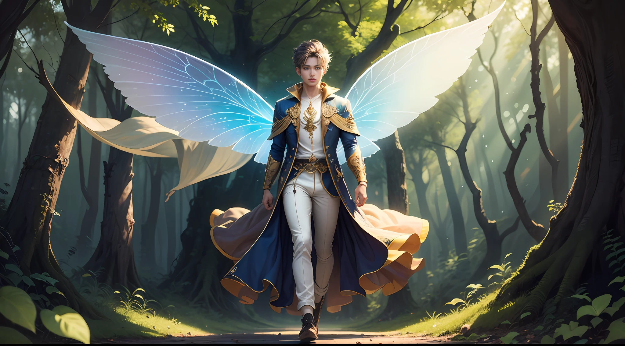 Cute male fairy with blue and gold details, large wings, full body, forest in the background, soft, delicate, symmetrical colors, male face, masterpiece, full body