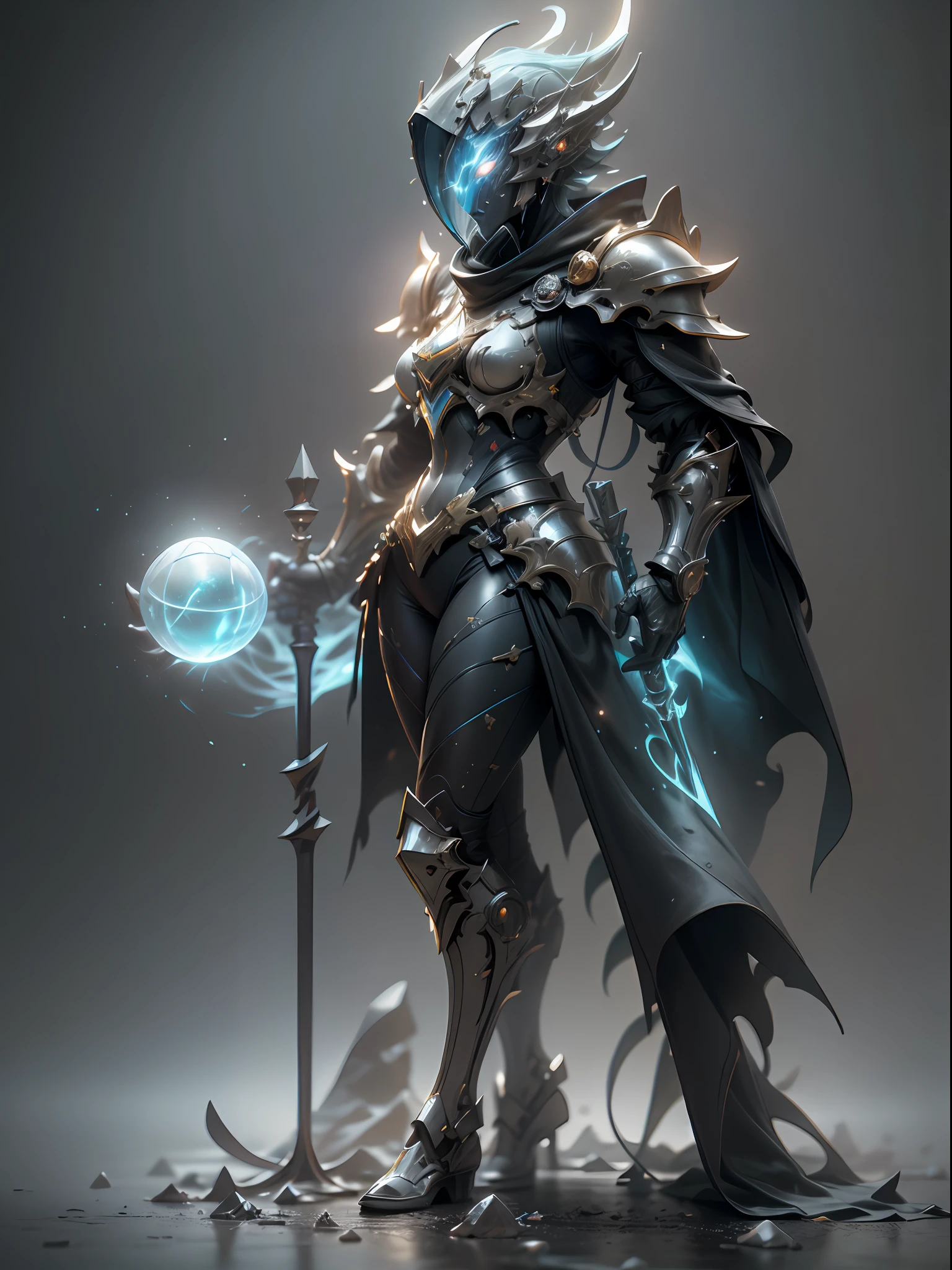 Ghost mage holding ice wand, ice blue armor all over, super cool ghost mage, wearing ice blue cape, huge staff, magic ball, magic pose, tall figure, glowing eyes, tall figure, perfect body proportions, super detail, IP by pop mart, edge light, avatar, octane rendering, blender, full body, clean black background, 3d, c4d, best quality, very detailed, ancient technology, HDR (High Dynamic Range), ray tracing, NVIDIA RTX, Super Resolution, Unreal 5, Subsurface Scattering, PBR Textures, Post-Processing, Anisotropic Filtering, Depth of Field, Maximum Sharpness and Acutance, Multilayer Textures, Albedo and Highlight Mapping, Surface Shading, Accurate Simulation of Light-Material Interactions, Perfect Ratio, Octane Rendering, Two-tone Lighting, Low ISO, White Balance, Rule of Thirds, Wide Aperture, 8K RAW, High Efficiency Sub-Pixel, Subpixel Convolution, Luminescent Particles, Light Scattering, Tyndall Effect