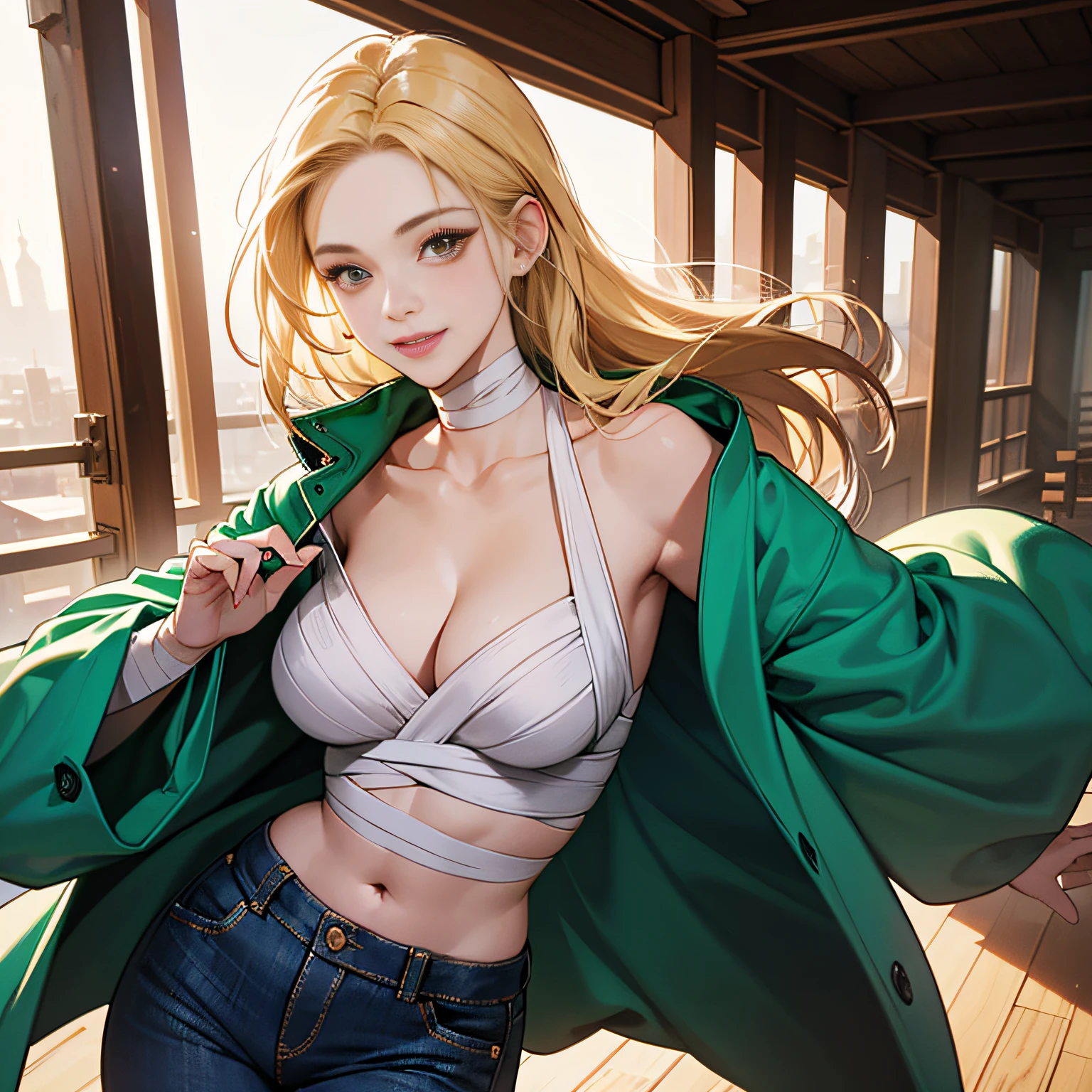 masterpiece, best quality, high contrast, professional photography, soft light, sharp focus, 1girl, smiling, tsunade, blonde hair, large breasts, mature female, blue pants, green coat, bandage on chest, beautiful brown eyes, neckline, large breasts --auto