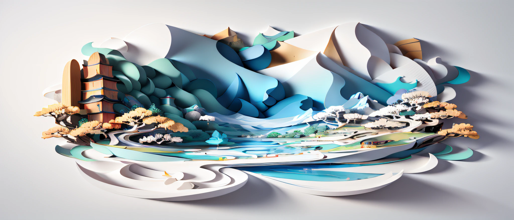 Traditional Chinese landscape painting, paper creation, 3D stereoscopic rendering, color gradient from white to light blue, 4K resolution, simple and natural composition, :white background, fresh and vulgar style. (:nature:)