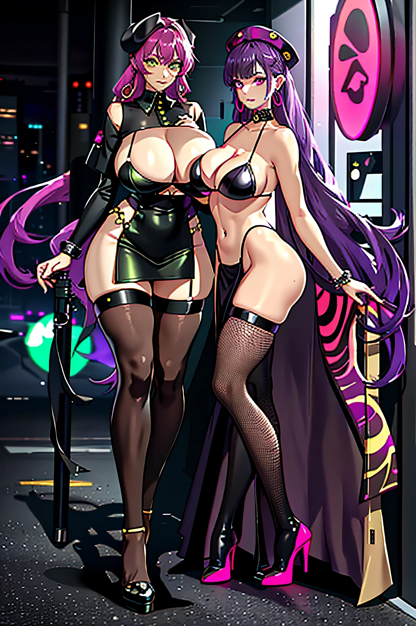 woman, green eyes, hoop earrings, bracelet, detailed, purple hair styled in loose waves, skin texture, full lips, huge lips, collar, centered, tanned skin, 8k, highly, camouflage long tight dress, tight skirt, pleated skirt, wide hips, eyelashes, eyeshadow, bubblebutt, deep cleavage, breast enlargement, dark green platform boots, high heels, long legs, cyberpunk, neon lights, camouflage tighhigh stockings, camouflage fishnets, no underwear, no panties, belly button, looking at viewer, photo-realistic, glowing colors, glowing skin, camouflage beret, holding a pistol in one hand,