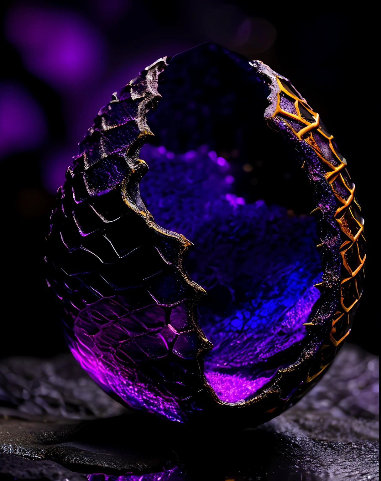 crystalline rock forms dragon egg with silver and gold metal dragon scale half-shell, by mjart, placed on black lava rock, background dark cave with purple ambient light,