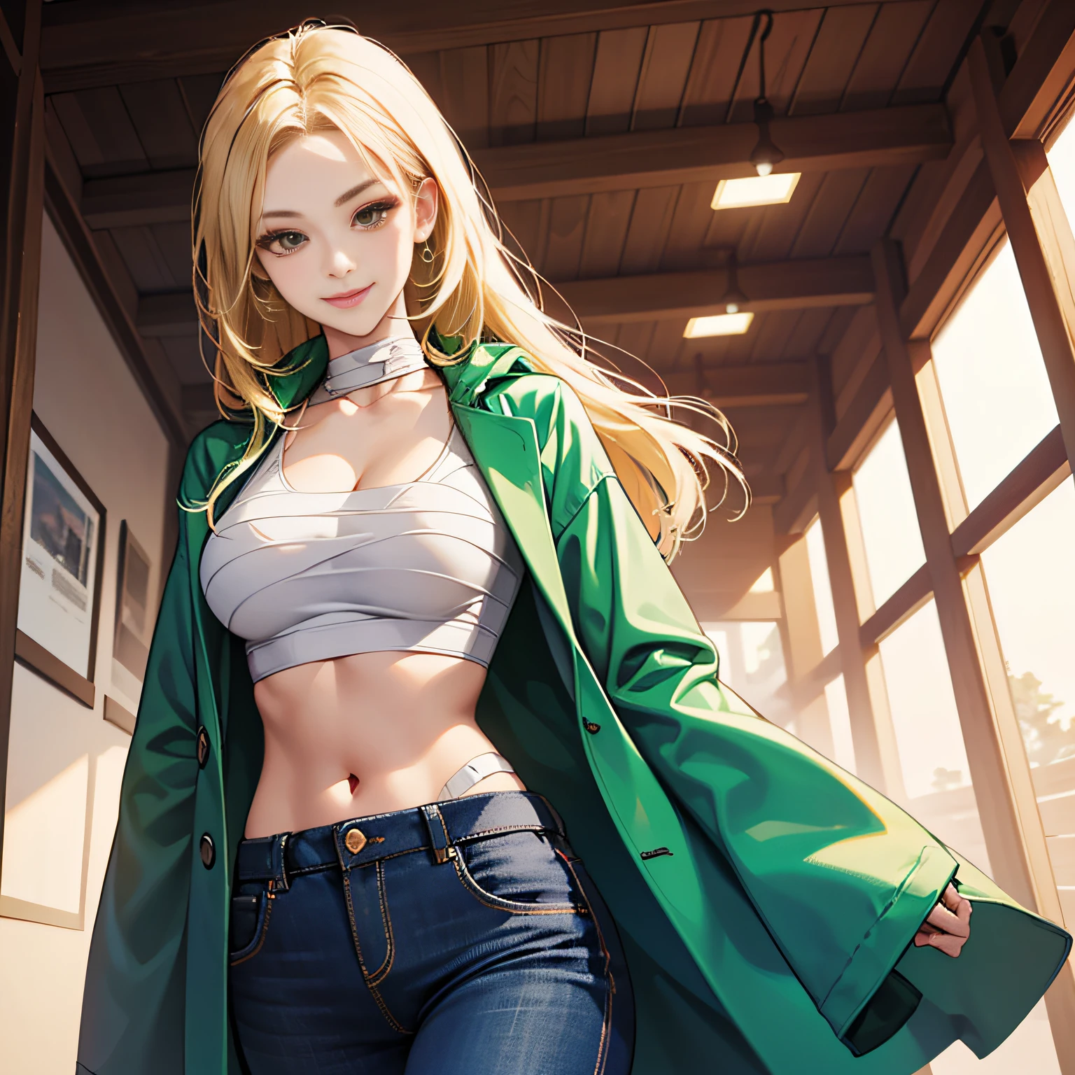 masterpiece, best quality, high contrast, professional photography, soft light, sharp focus, 1girl, smiling, tsunade, blonde hair, large breasts, mature female, blue pants, green coat, bandage on chest, beautiful brown eyes, neckline, large breasts --auto