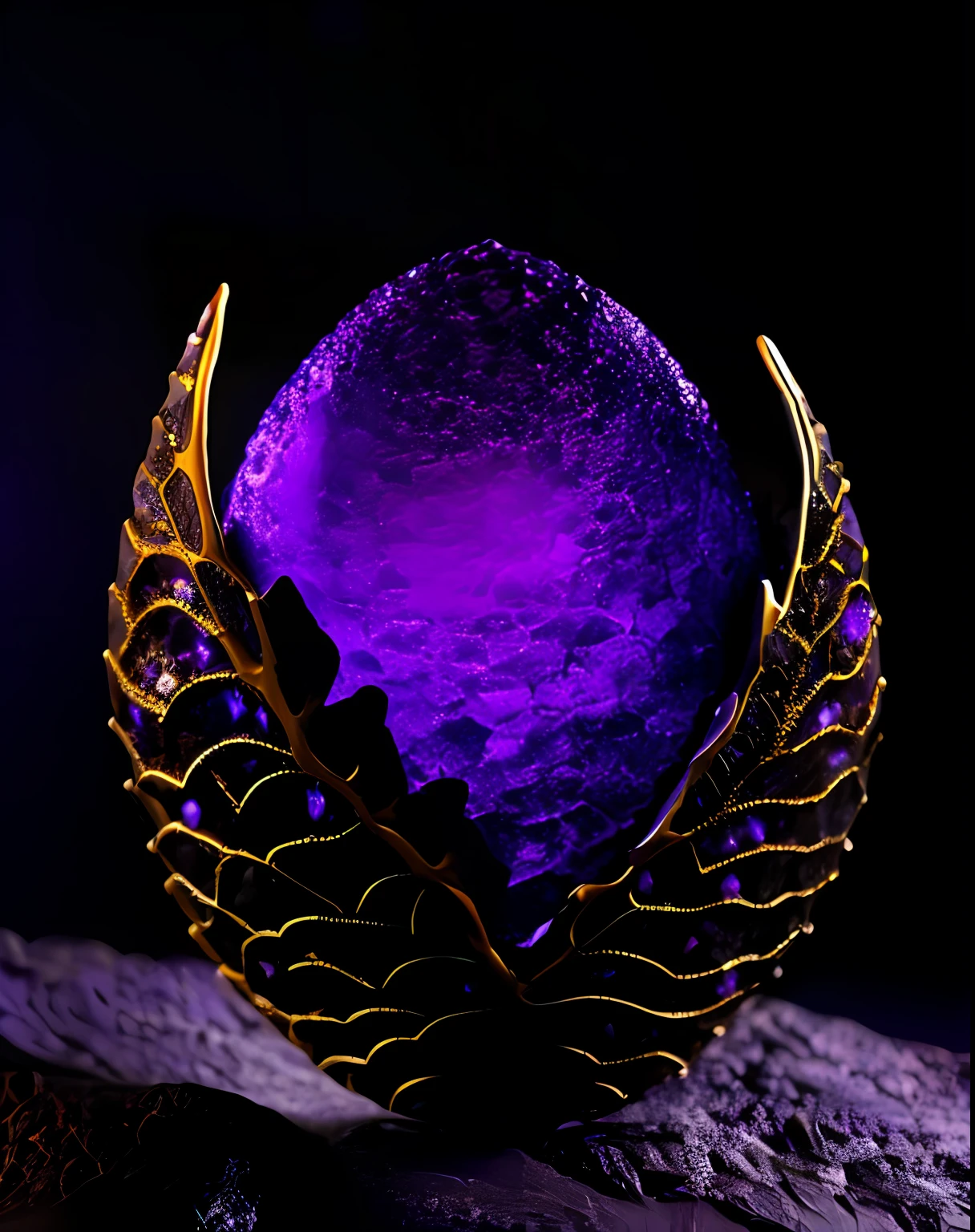 crystalline rock forms dragon egg with silver and gold metal dragon scale half-shell, by mjart, placed on black lava rock, background dark cave with purple ambient light,