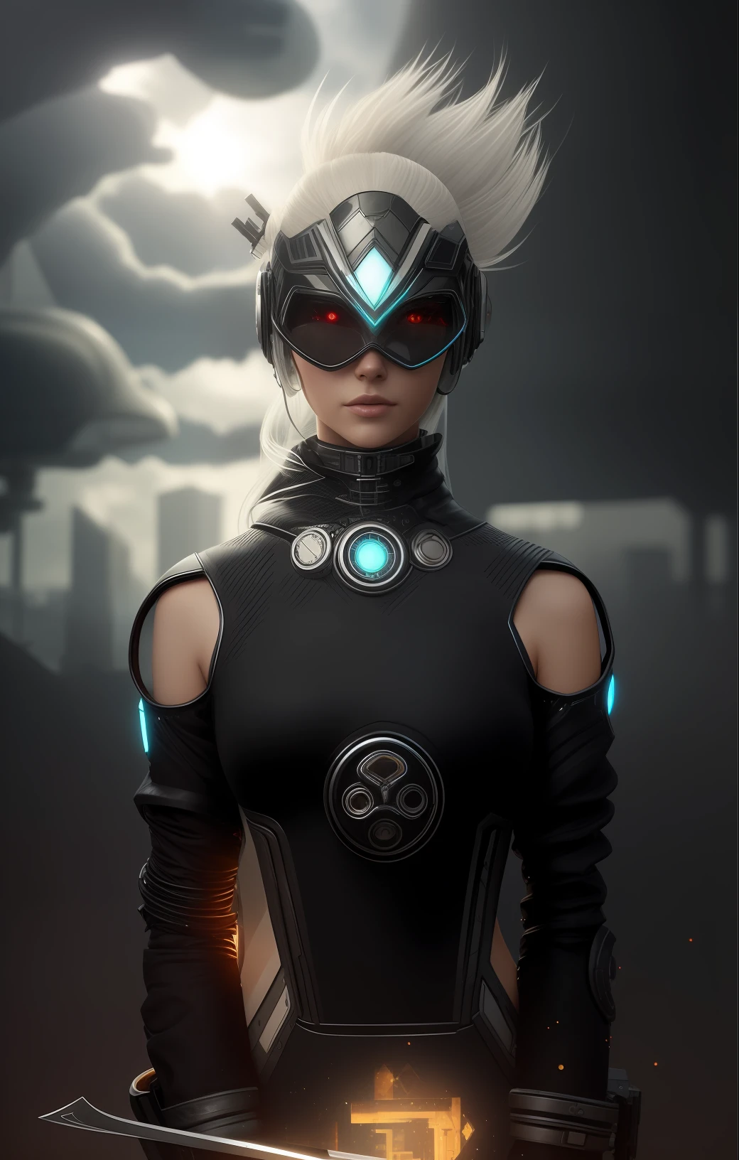 a woman in a futuristic outfit with a sword and a helmet, 3 d render character art 8 k, scifi woman, fashionable futuristic woman, beautiful cyborg priestess, portrait beautiful sci - fi girl, cyber steampunk 8 k 3 d, cyborg - girl with silver hair, cyborg fashion model, epic scifi character art, with futuristic gear and helmet, futuristic clothing and helmet