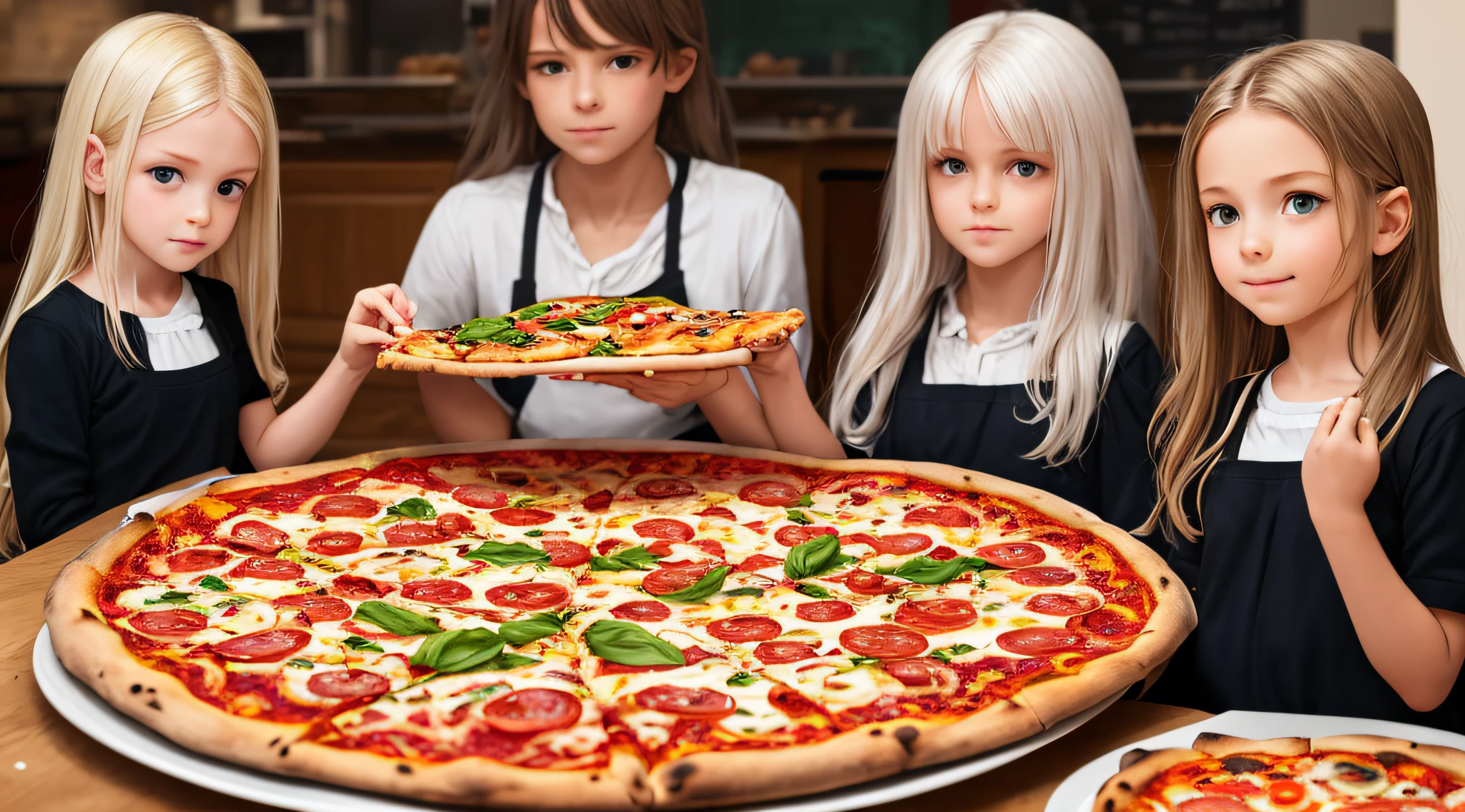A half body, portrait of 3 girls German children long platinum blonde hair of 12 years, PORTRAIT,, pizza with tomatoes and basil on a plate on a table, pizza the hut, italian pizza, pizza pie, pizza!, pizza on a table, food commercial 4 k, pizza, pizza in the foreground, eat a pizza margherita, cook pizza,  eat a pizza, the pizza has a big one.