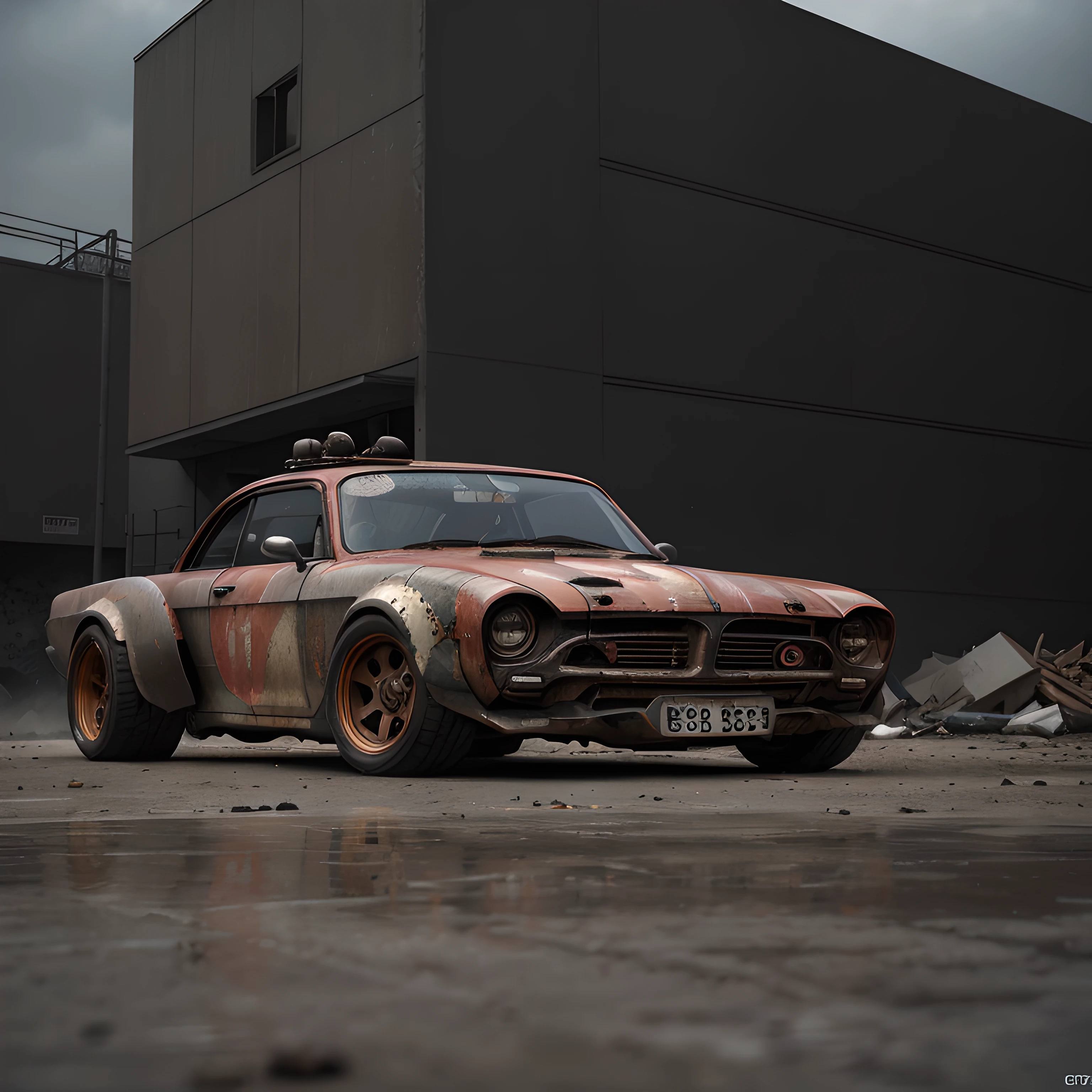 a photo of a rusty tslas (zeekars), 3/4 front view, survival, post-apocalyptic, cyberpunk, outdoors, night, destruction, urban decay, masterpiece, photorealistic, 8k, high detail, dark theme,
