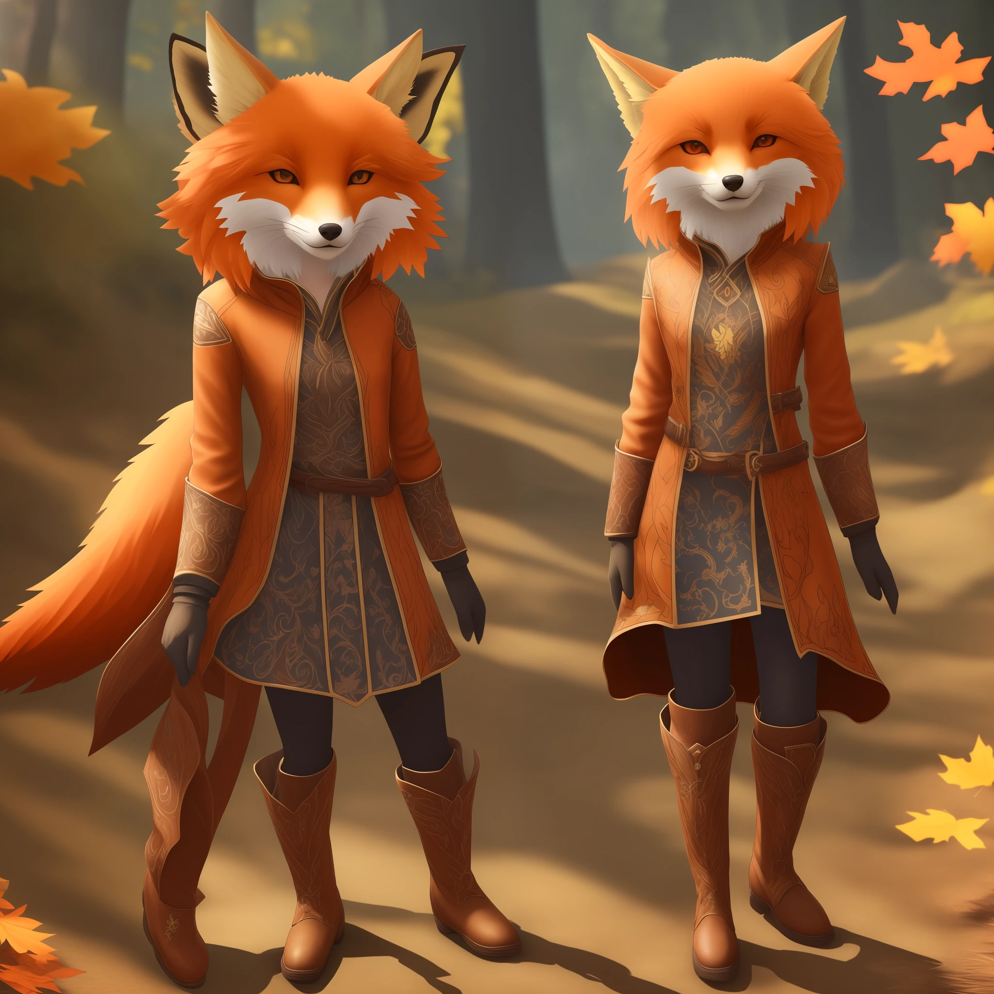 Appearance Description:
- Luna is an adorable 2D VTuber fox with a cute appearance.
- Their skin is white with details in shades of orange and gold, which mimic the color of foxes.
- She has large expressive eyes in amber color with captivating sheen.
- Her hair is long and wavy, light orange, and has a few locks in darker shades.
- It has fluffy and pointed fox ears, with the inner part in cream color.
- Luna wears a tiara with details shaped like autumn leaves, representing her connection to nature.
Clothes:
- For the main costume, Luna wears a loose dress in shades of orange and red, with stylized details of forest leaves and flowers.
- She wears a short jacket in dark brown color with golden details, representing the shiny fur of foxes.
- On her feet, Luna wears sock-style boots with earthy accents.
- She also wears matching gloves with the jacket, with an intricate design on her cuffs.