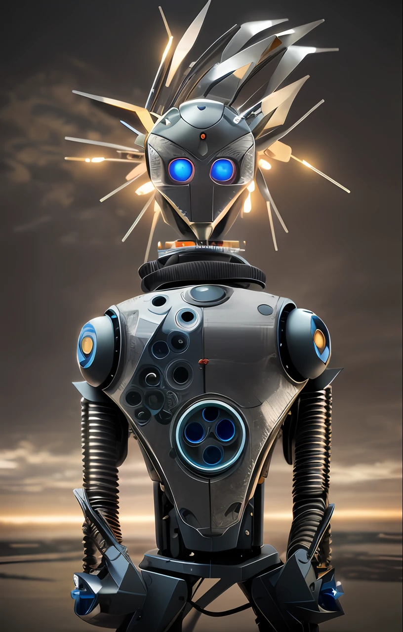 a close up of a robot with a very large head, portrait of a futuristic robot, futuristic robot, robot made of jet parts, evil robot, robot photography, futuristic robot devil, cyberpunk robot, robot punk futuriste geometrie, cute elaborate epic robot, beautiful robot character design, futuristic robot body, cybertronic robot, steampunk robot, portrait of a robot