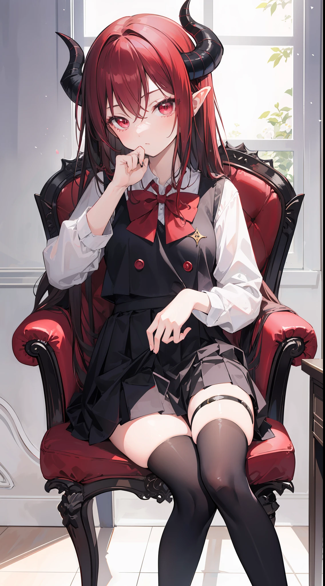there is a loli little girl with dark red hair sitting charming on the throne, she has horns, she is an envious demon, she is sin of envy, she sitting around flower of death, she is loli succubus demon lord, she wear white school uniform