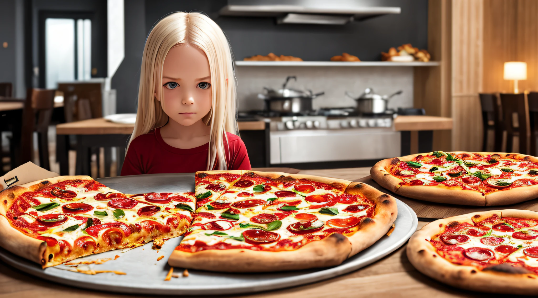 A half body, portrait a German child girl long platinum blonde hair of 12 years, PORTRAIT,, pizza with tomatoes and basil on a plate on a table, pizza the hut, italian pizza, pizza pie, pizza!, pizza on a table, food commercial 4 k, pizza, pizza in the foreground, eat a pizza margherita, cook pizza, eat a pizza, The pizza has a big one.