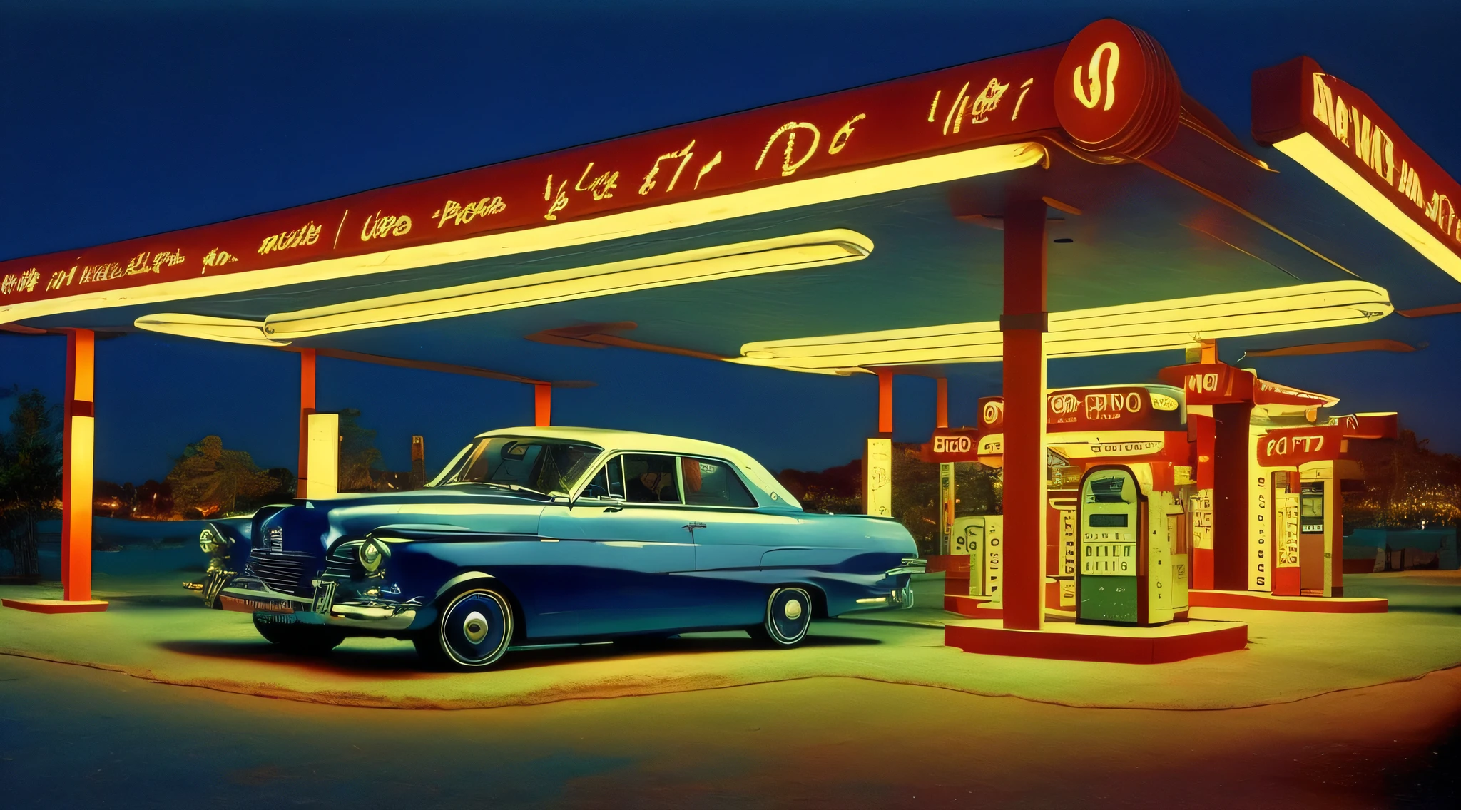 Hevrolet SS 1970 parrado in a gas station, neon lights, at night