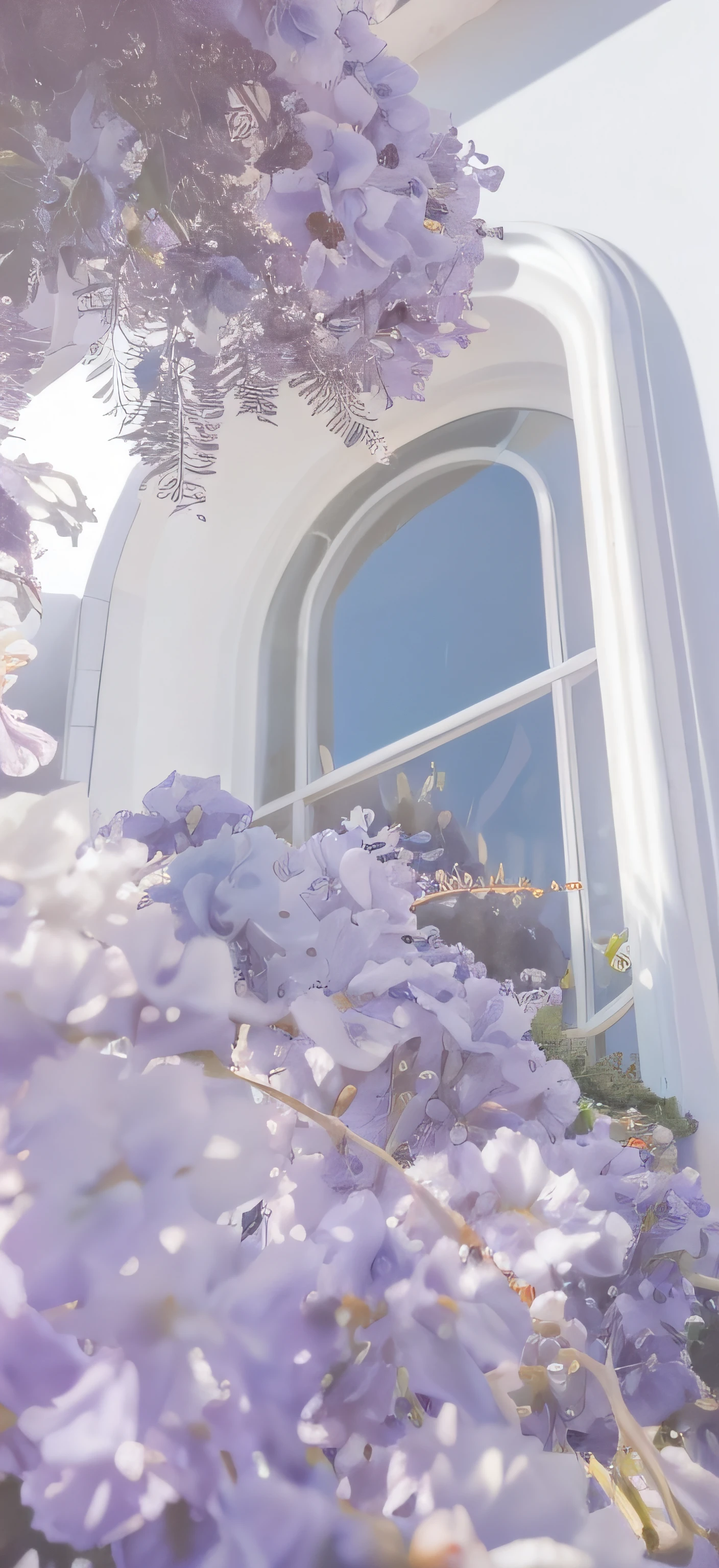 purple flowers are growing in front of a white building, photo of a beautiful window, shot from a low angle, dreamy and detailed, dreamy aesthetic, sunny bay window, flowers in foreground, shot from low angle, details and vivid colors, middle close up composition, seen from below, atmospheric beautiful details, beautiful and aesthetic, white and purple, up close picture