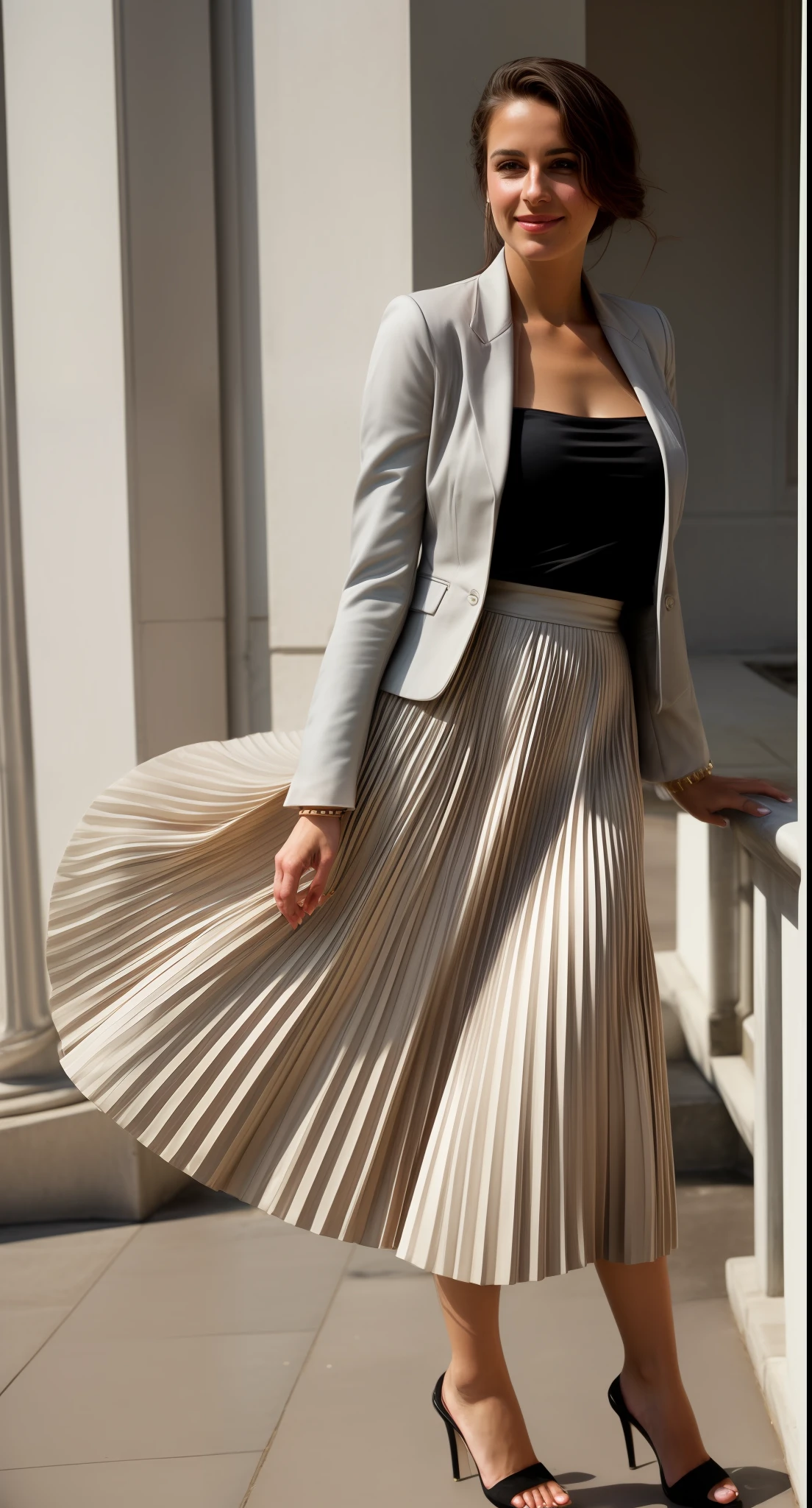 authentic (very shy smiling) good woman wearing a short blazer with a very very detailed (long (fully pleated) full circle skirt) and (simple) low heeled office shoes, very very intricate hyper-detailed symmetric (attractive graceful young feminine face) with (sad, tired eyes and shy smile:1,8), full of empathy and compassion and love, (pronounced (feminine) features), (highly detailed ultra accurate realistic) hands and fingers, (windy conditions and wind blowing), epic composition, highly detailed attributes, highly detailed atmosphere, (35mm f1.4 Kodak portra 400 photograph), extremely high quality RAW photograph, intricate, Exquisite details and textures,