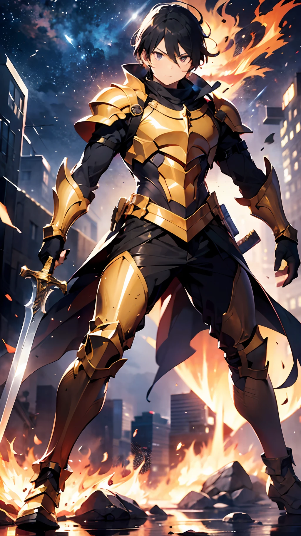 Full body, male, hero of another world, holding a sword, holding a sword, iai, armor, golden knight, fire effect, holding low, glaring
