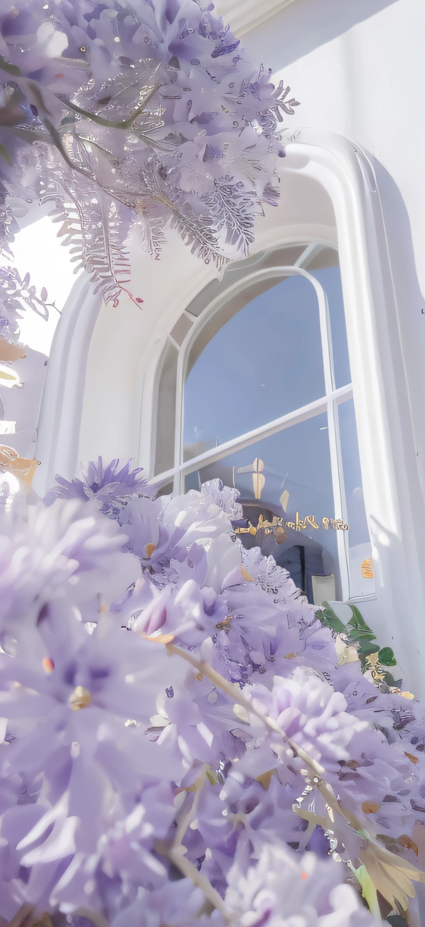 purple flowers are growing in front of a white building, photo of a beautiful window, shot from a low angle, dreamy and detailed, dreamy aesthetic, sunny bay window, flowers in foreground, shot from low angle, details and vivid colors, middle close up composition, seen from below, atmospheric beautiful details, beautiful and aesthetic, white and purple, up close picture