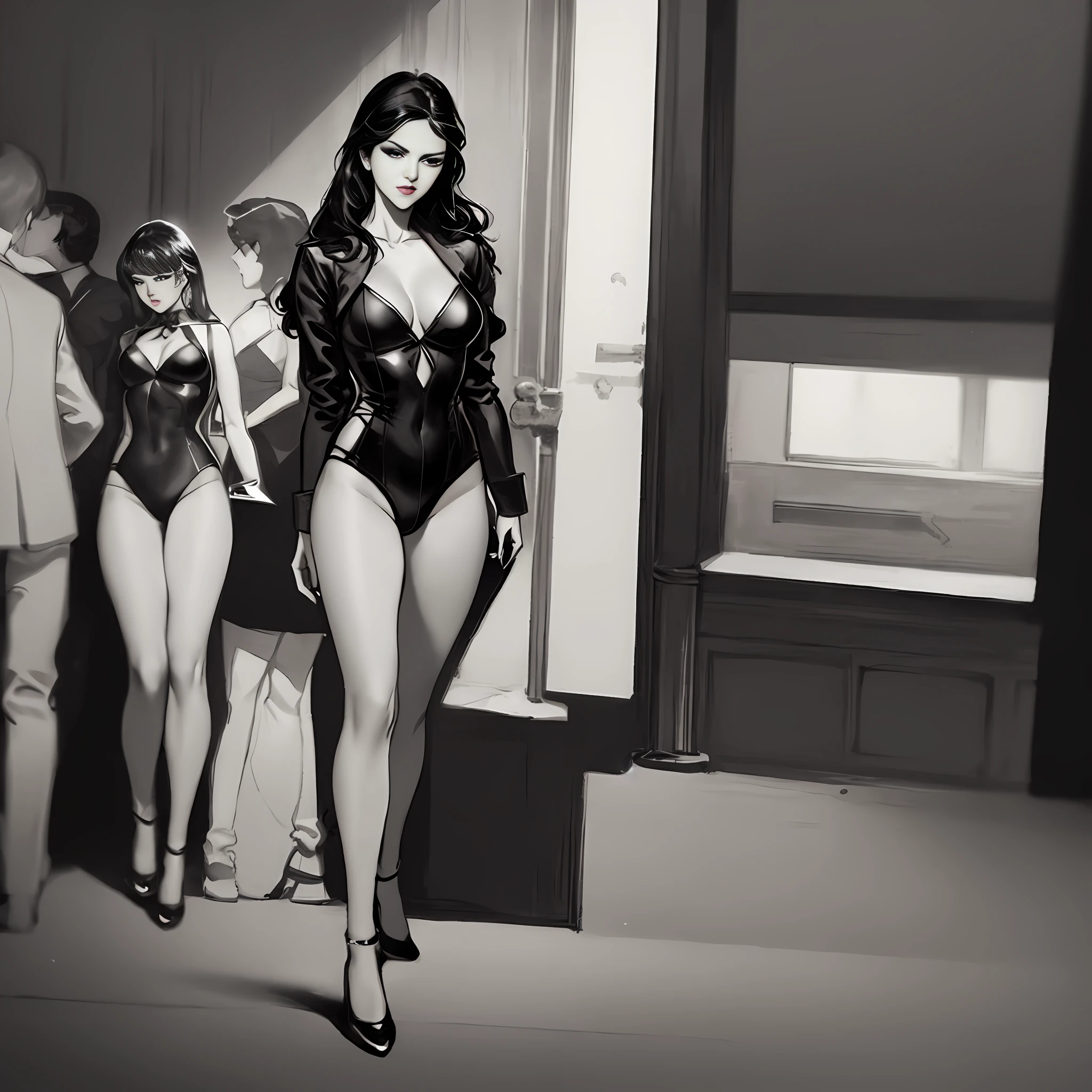 Illustration art, full body movement, sexy woman in black outfit, underworld woman, very cool facial expression, gorgeous background, great erotic art, line art, sexy art, detailed body part details, long legs, inspired by J.C. Leyendecker, epic European and American illustrations