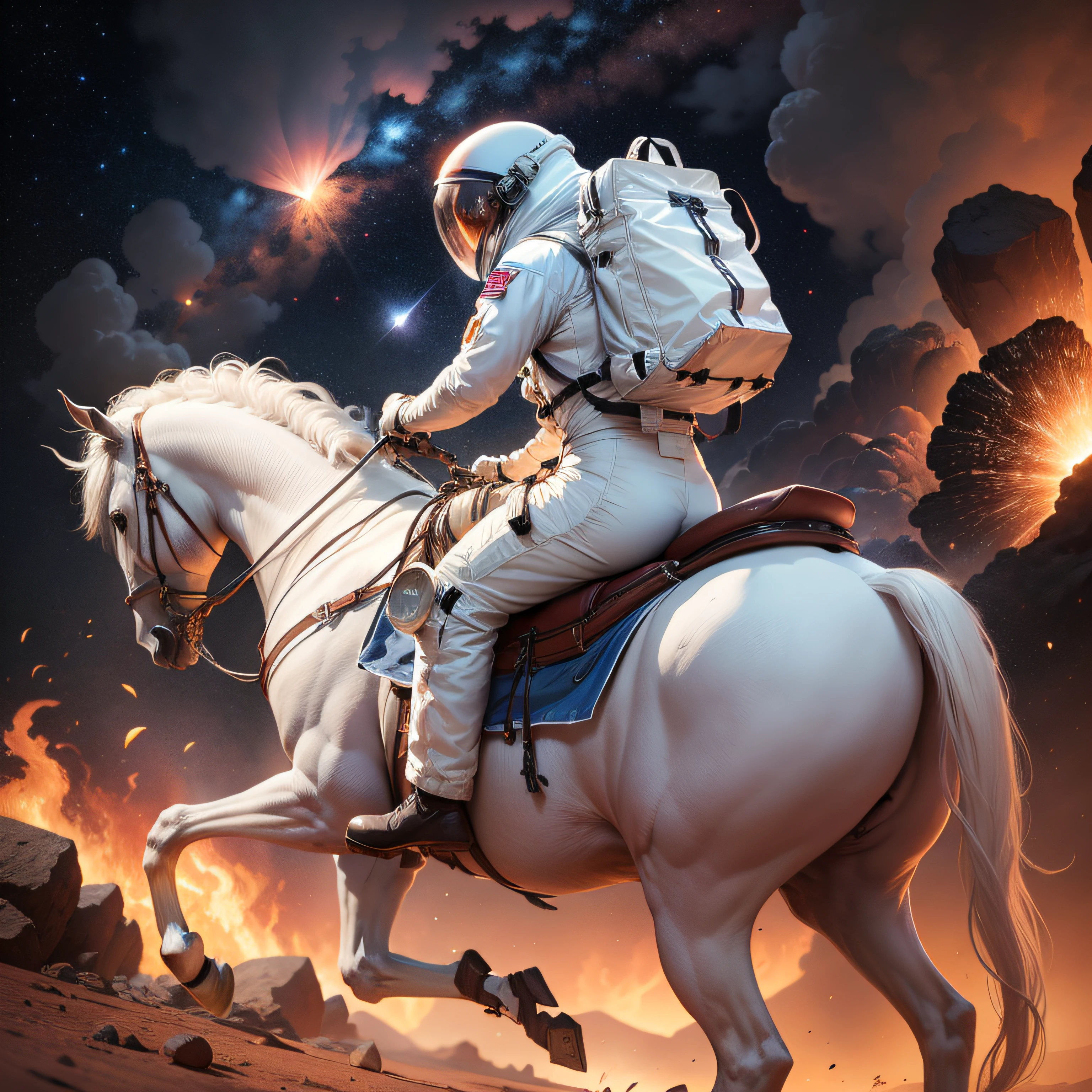 An astronaut on Mars, riding a white horse, earth exploding, starry sky, ultra-realistic, detailed, 8k, maximum quality.