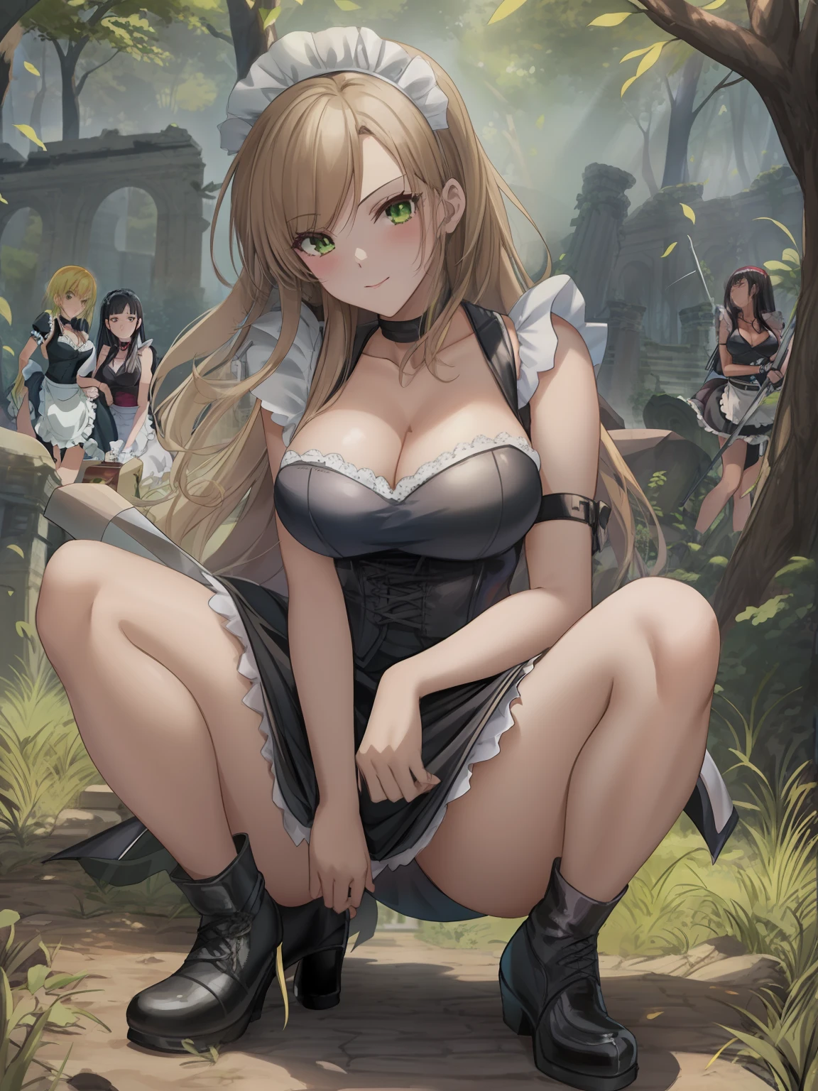 anime girl laying on the ground with her legs spread out, the anime girl is crouching, a sexy maid in a magical forest, natalie from epic battle fantasy, juri misaki, rogue anime girl, morrigan, beautiful anime girl squatting, giantess art, tifa, seductive anime girl, ancient ruins behind her, nico robin, surrounding the city