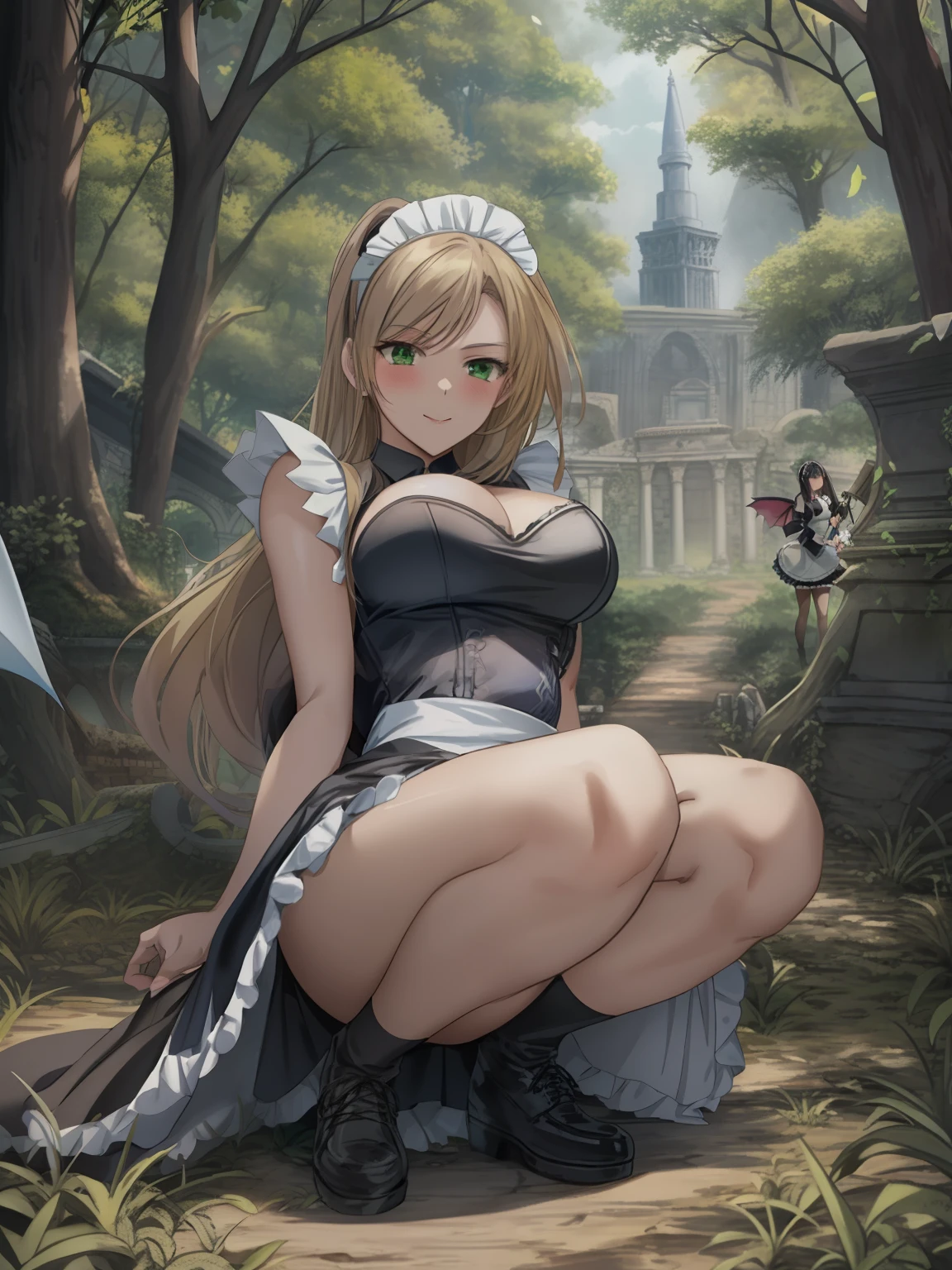 anime girl laying on the ground with her legs spread out, the anime girl is crouching, a sexy maid in a magical forest, natalie from epic battle fantasy, juri misaki, rogue anime girl, morrigan, beautiful anime girl squatting, giantess art, tifa, seductive anime girl, ancient ruins behind her, nico robin, surrounding the city