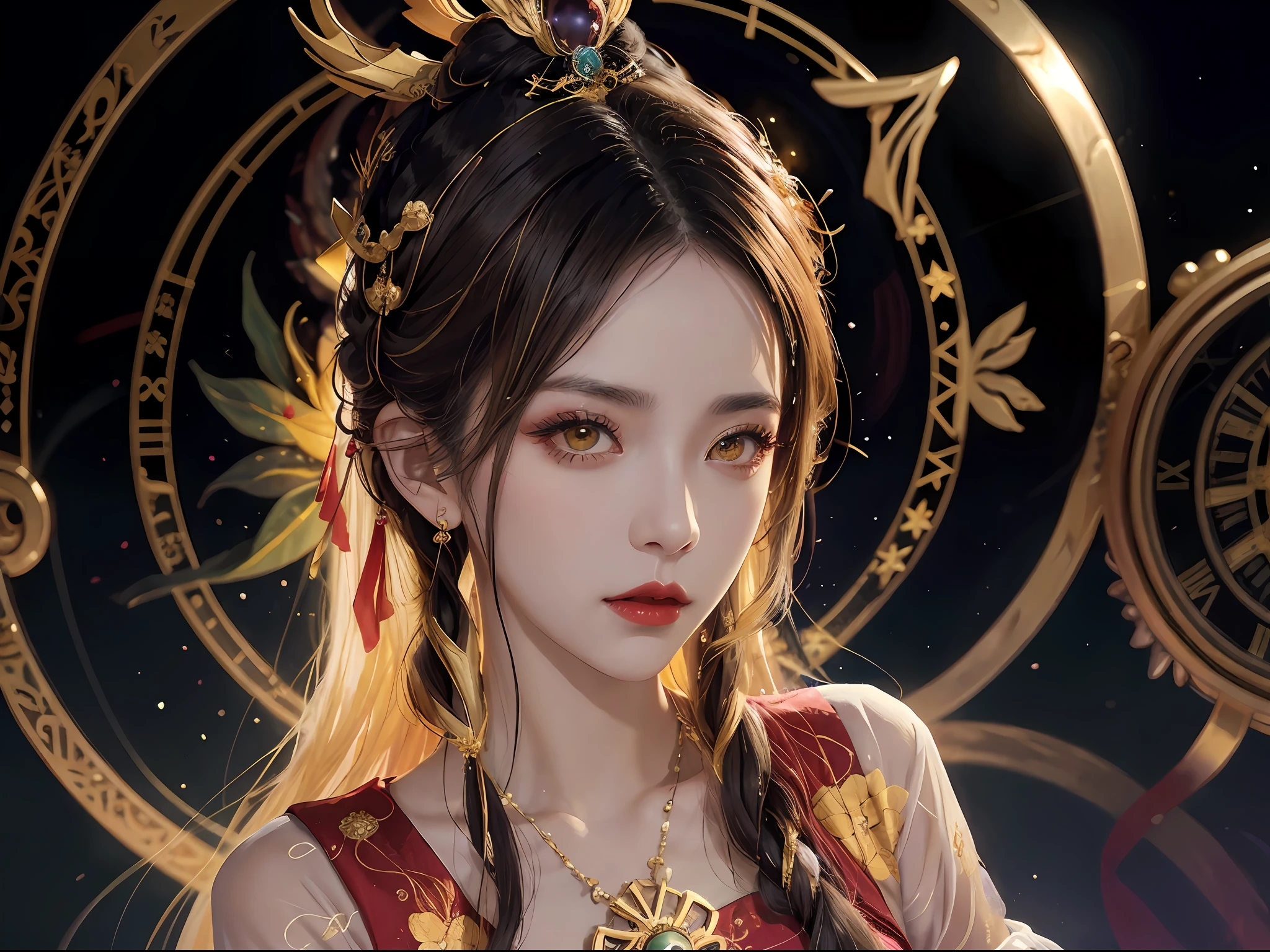 1 27-year-old girl, 1 zodiac goddess from the future, goddess of the pink and purple 12 zodiacs, the goddess of the zodiac in a yellow ao dai, a 12 zodiac ao dai with many black lace detail, mythology Goddess of the 12 zodiacs from the future, zodiac ♏, luxurious glittering zodiac style, dark and mysterious version, zodiac crown, lipstick lips red, thin and beautiful lips, Smile makes viewers fall in love, characters made by karol bak and pino daeni, intricate detail, detailed background, extremely detailed, light magic, a woman, clear face, look at the face of goddess zodialook at the zodiac goddess face, hair long with bangs, beautiful face in detail and well-proportioned eyes, (transparent yellow eyes: 1.8), big round eyes and very beautiful and detailed makeup, foresight, silk dress, mysterious makeup, double bangs and dyed light blonde, uper body, zodiac goddess uper body, arms hanging loosely, Realistic and vivid photo, (stars make up the zodiac: 1.7), (sky background zodiac and fictitious space and time portal: 1.8), fiction art, RAW photo, hanfu picture, best photo, best photo quality, 8k quality, 8k ultra, super realistic, real photo most economical, artistic portrait of goddess zodiac,