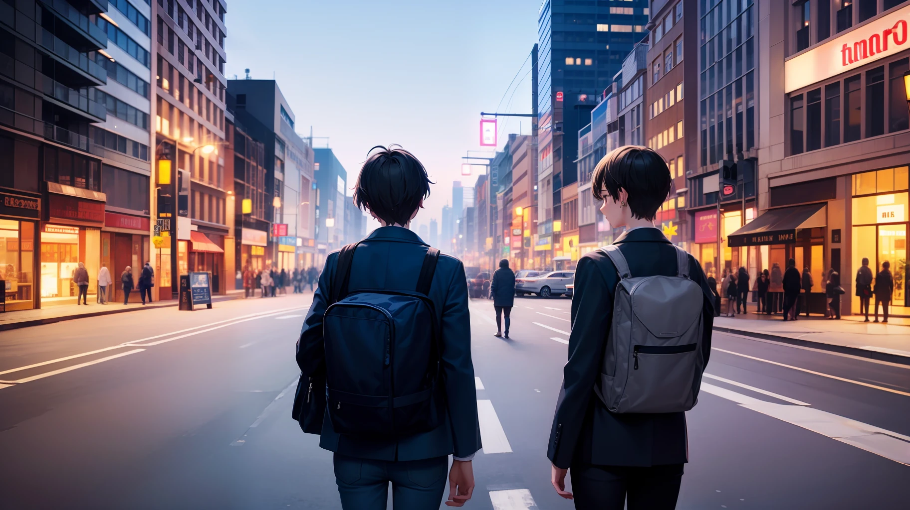 beautiful city view, people walking detail, lights detail, lemdara detail