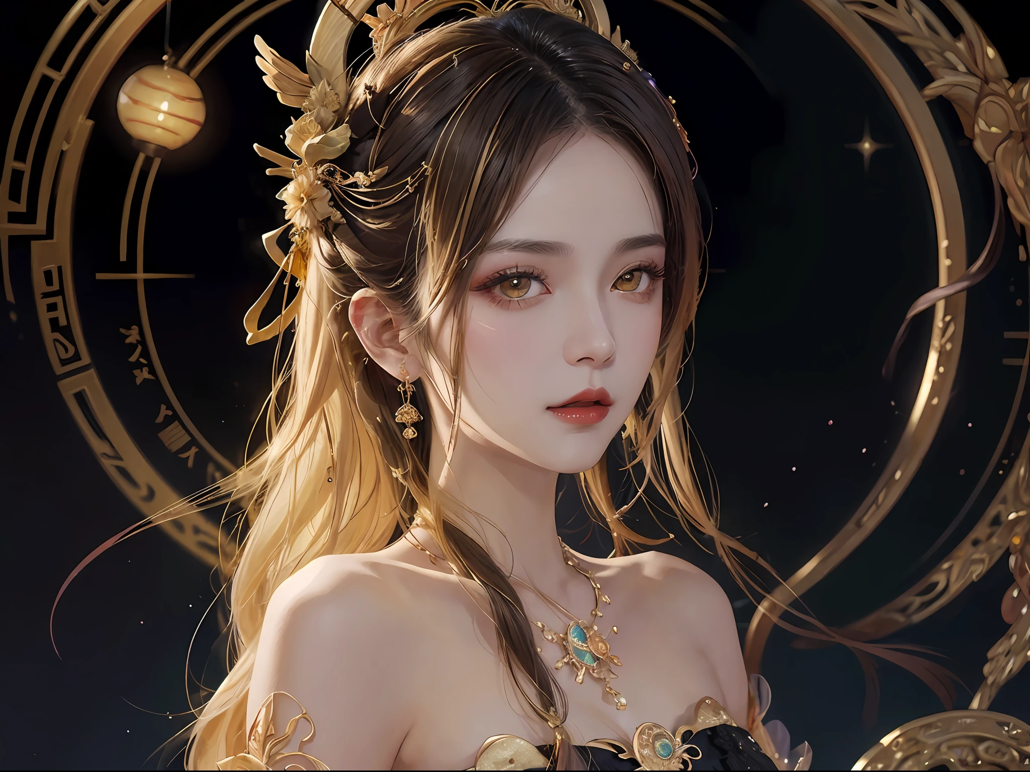 1 27-year-old girl, 1 zodiac goddess from the future, goddess of the pink and purple 12 zodiacs, the goddess of the zodiac in a yellow ao dai, a 12 zodiac ao dai with many black lace detail, mythology Goddess of the 12 zodiacs from the future, zodiac ♏, luxurious glittering zodiac style, dark and mysterious version, zodiac crown, lipstick lips red, thin and beautiful lips, Smile makes viewers fall in love, characters made by karol bak and pino daeni, intricate detail, detailed background, extremely detailed, light magic, a woman, clear face, look at the face of goddess zodialook at the zodiac goddess face, hair long with bangs, beautiful face in detail and well-proportioned eyes, (transparent yellow eyes: 1.8), big round eyes and very beautiful and detailed makeup, foresight, silk dress, mysterious makeup, double bangs and dyed light blonde, uper body, zodiac goddess uper body, arms hanging loosely, Realistic and vivid photo, (stars make up the zodiac: 1.7), (sky background zodiac and fictitious space and time portal: 1.8), fiction art, RAW photo, hanfu picture, best photo, best photo quality, 8k quality, 8k ultra, super realistic, real photo most economical, artistic portrait of goddess zodiac,