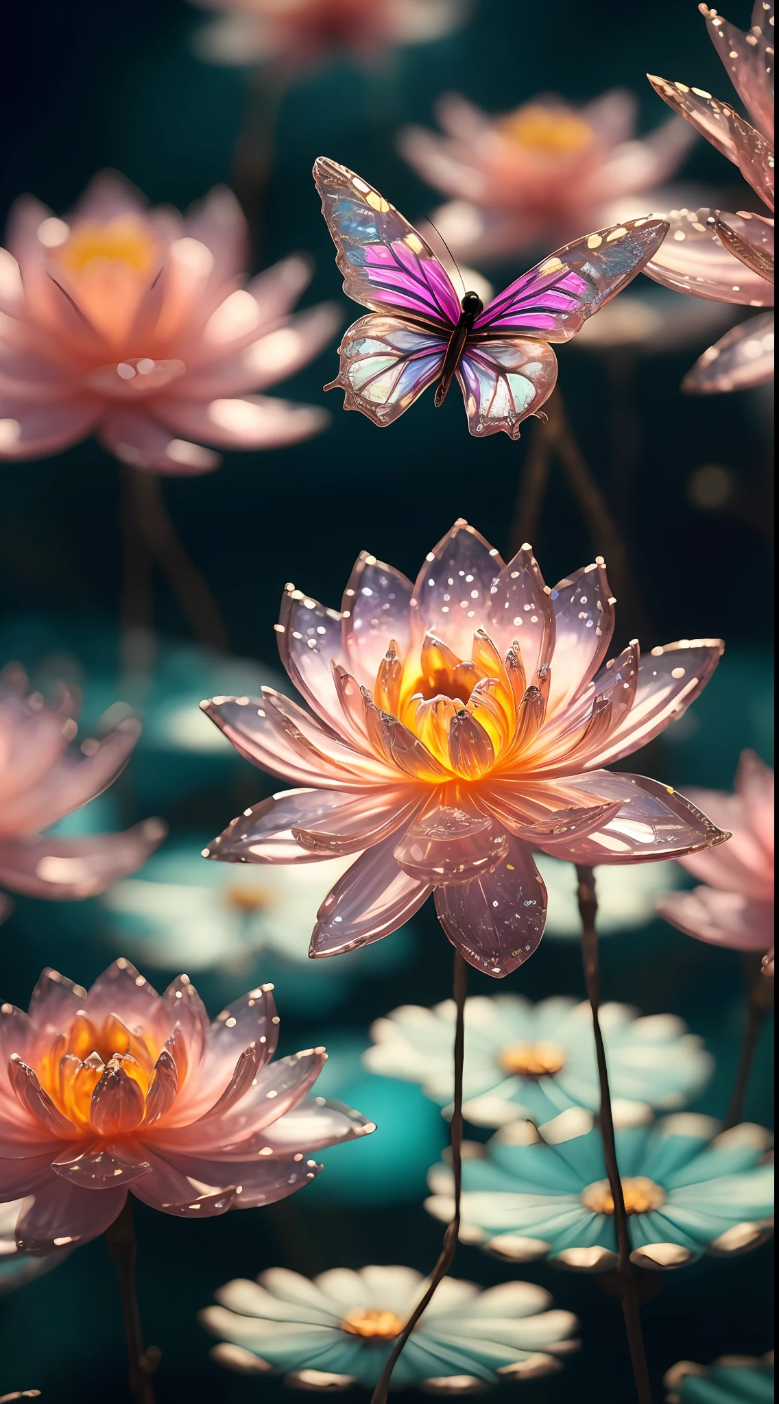 crystal lotus, crystal butterfly, fantasy, galaxy, transparent, sparkling, sparkling, brilliant, colorful, magical photography, dramatic lighting, photo realism, ultra detail, 4k, depth of field, high resolution