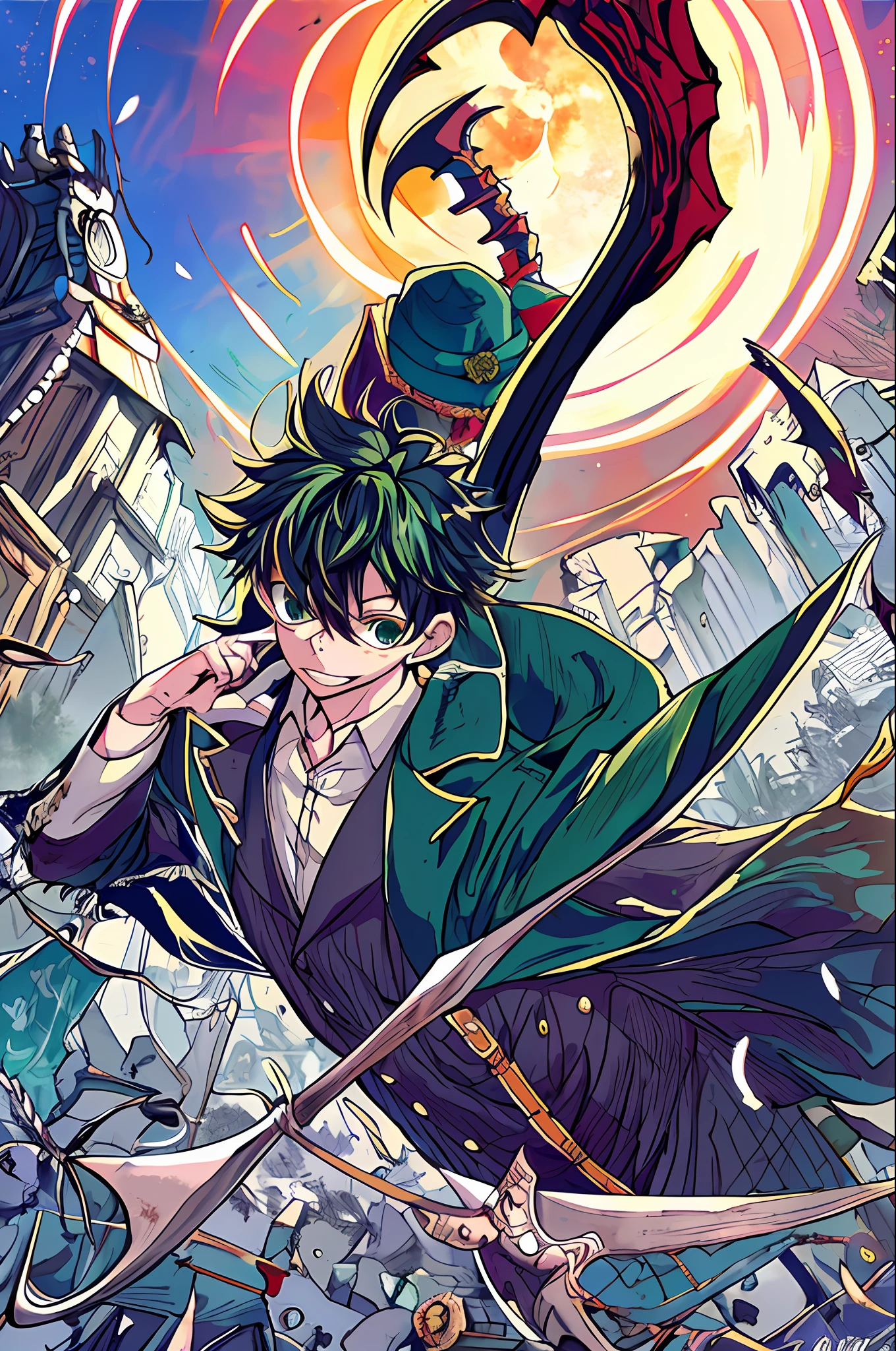 Izuku Midoriya as the Grim Reaper dressed in plague doctor's clothes wielding a scythe in a cemetery under the crimson moonlight