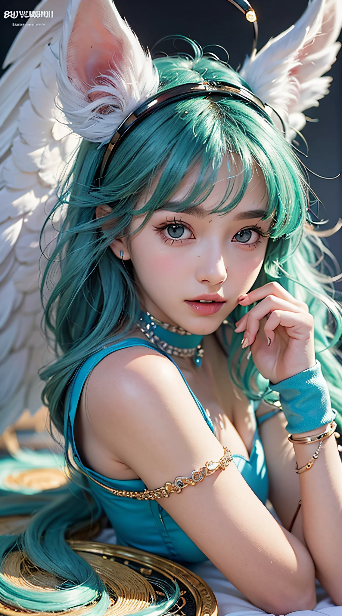 ((Masterpiece)), 1girl, super detailed face, hyper-realistic, (coquettish expression), cosplay, luminous cat ears, ((angelic face)), ((incredibly beautiful eyes)), green eyes, full body, sailor moon boots, super sexy hair, delicate and perfect hands, super delicate and sexy body, sexy pose, ((ulzzang)), (super thin face), delicate features, ultra detailed, best quality, captivating beauty, sexy look, futuristic background, Star