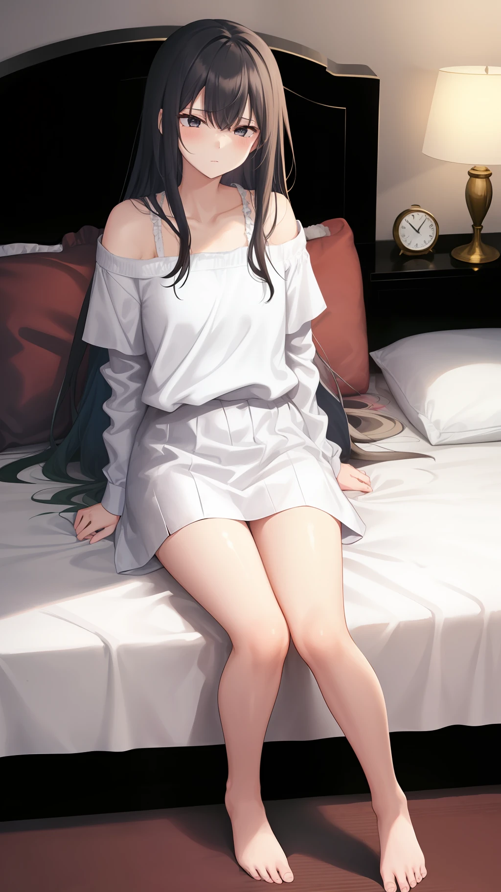 A girl, white off-the-shoulder shirt, sleepy expression, fair skin, jade feet, full body, sitting on the bed