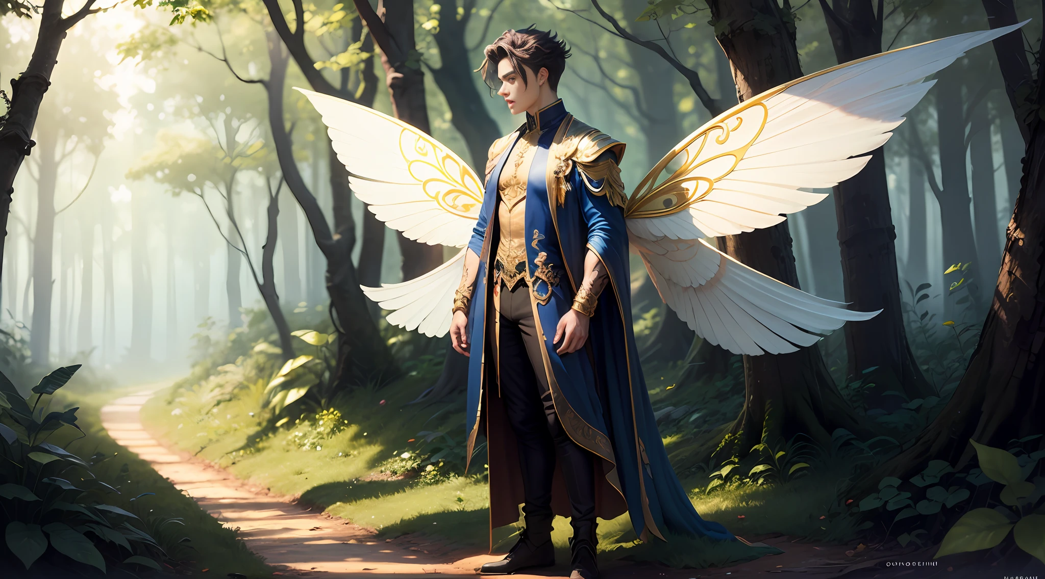Cute male fairy with blue and gold details, large wings, full body, forest in the background, soft, delicate, symmetrical colors, male face, masterpiece, full body