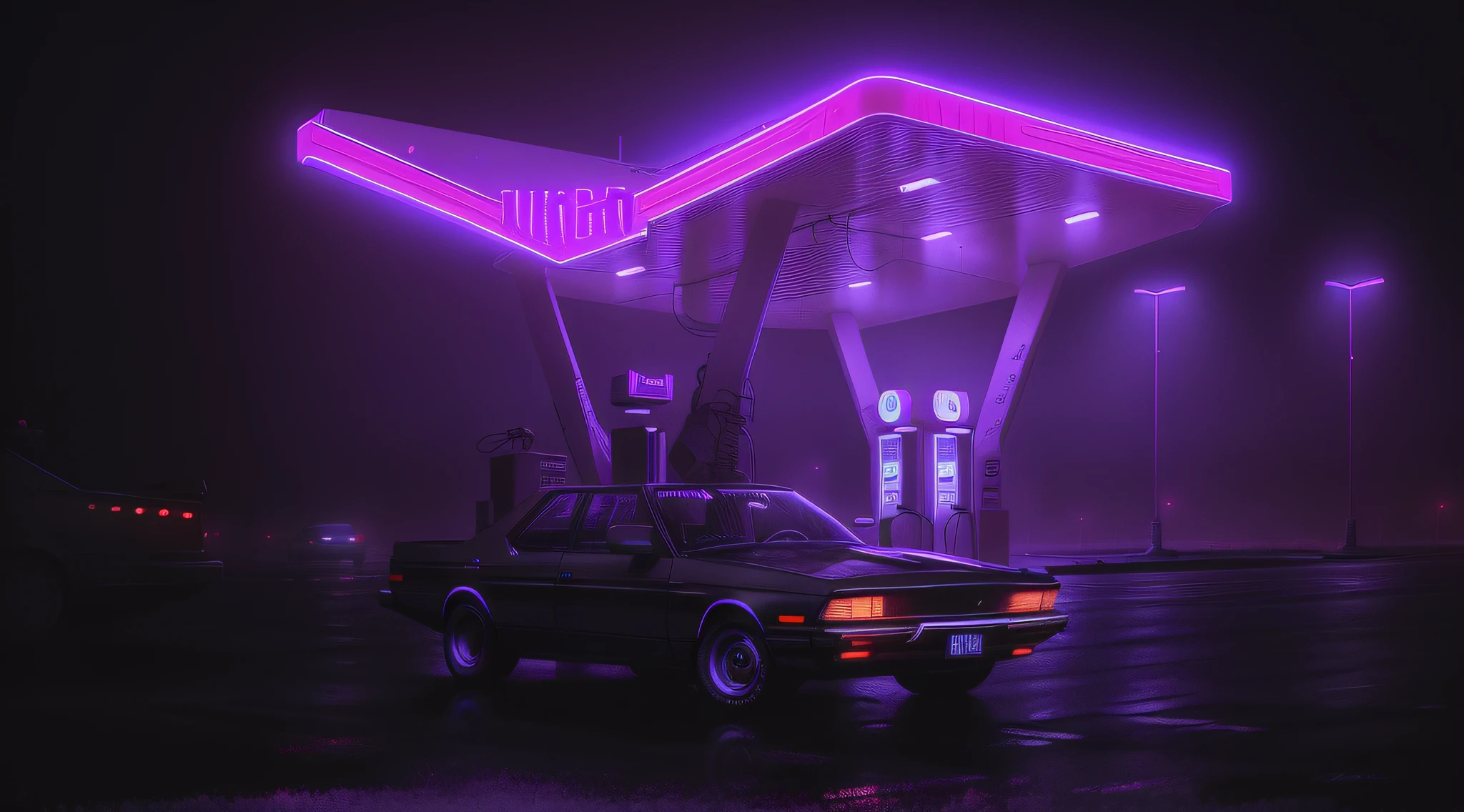 purple neons on a gas station at night with a car parked in front, neon fog, foggy neon night, misty neon lights, synthwave neon retrofuturism, mechanical features and neon, neon lit, synthwave aesthetic, neon dark lighting, artem demura beeple, dark cyberpunk neon atmosphere, dark retrowave, cinematic neon uplighting