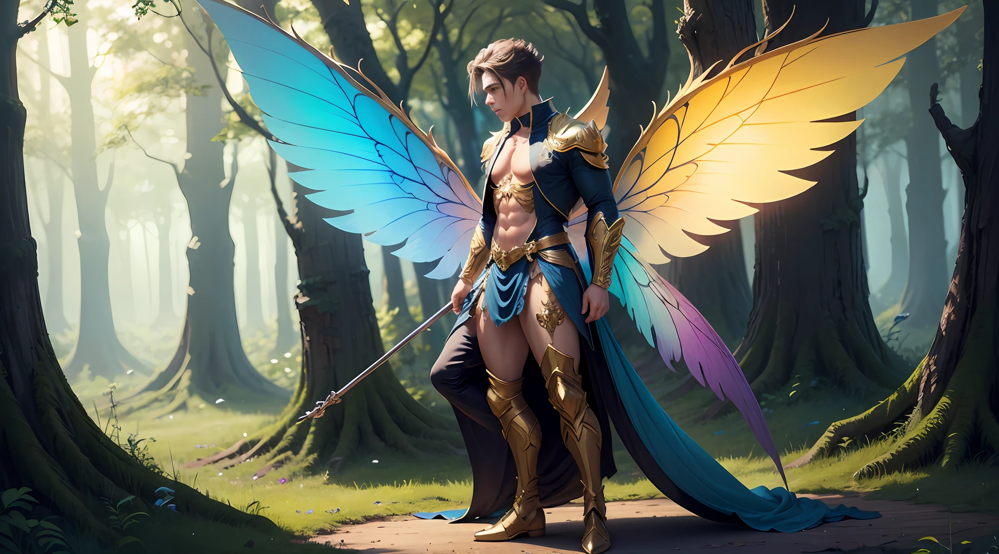Cute male fairy with blue and gold details, large wings, full body, forest in the background, soft, delicate, symmetrical colors, male face, masterpiece, full body
