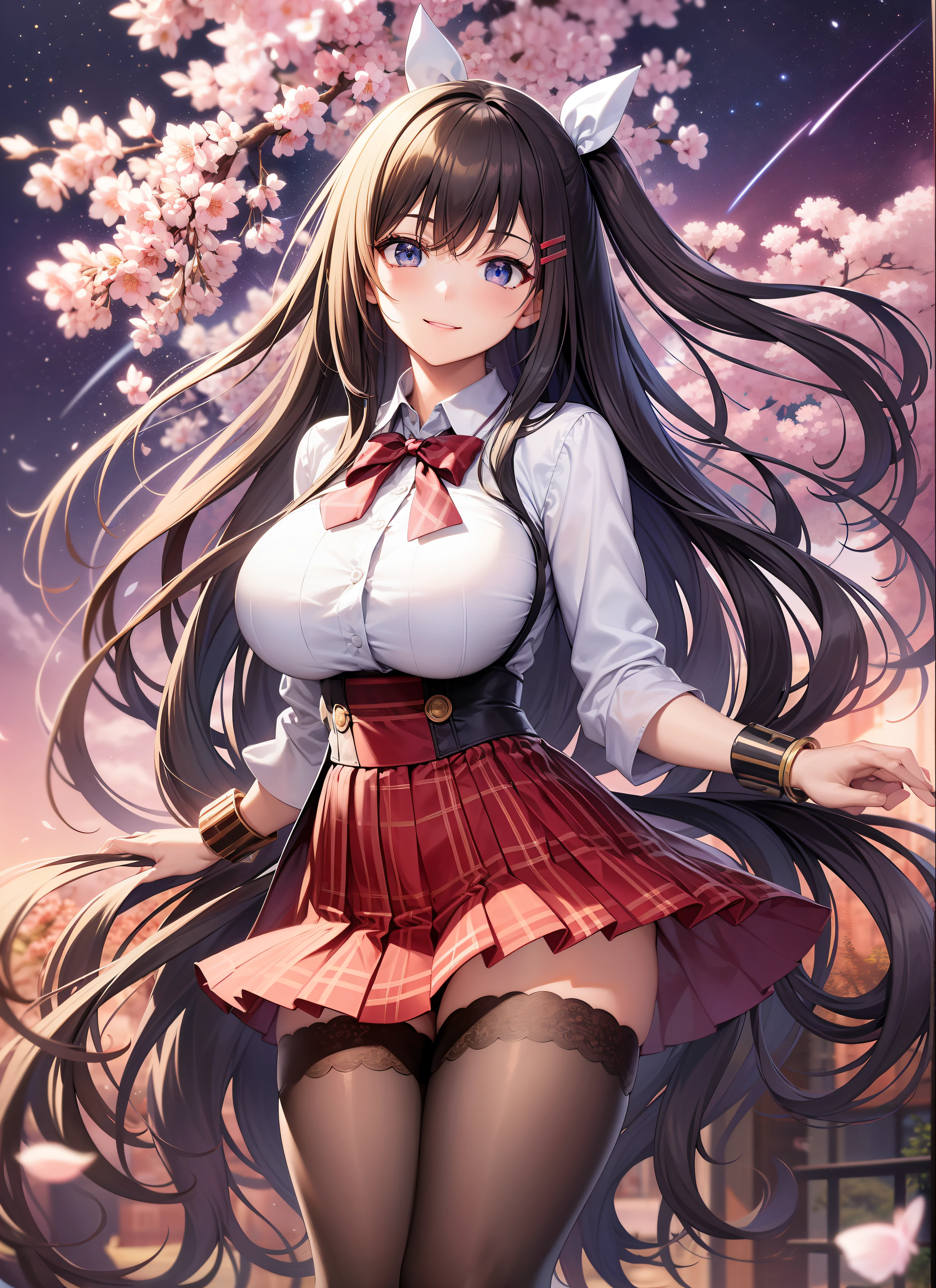 dynamic angle, floating, frills, painting, depth of field, Depth of field,nature,beautiful detailed girl, extremely detailed eyes and face, beautiful detailed eyes,absurdres, incredibly absurdres, huge filesize , ultra-detailed, highres, extremely detailed,Long shot,1girl,looking at viewer,dynamic angle,smile,light smile,looking at viewer,shy,very long hair,black hair,brown hair,(silver hair),bangs,floating hair,huge breasts,looking back,leg lift,zettai ryouiki,school uniform,pleated skirt,miniskirt,Mary janes,white thighhighs,white stocking,ribbon,necklace,hairclip,hair ribbon,torn thighhighs,bracelet,lace,in spring,floating sakura,detailed background,Isekai cityscape,flying butterfly,shooting star,colorful startrails,starry sky,clusters of stars