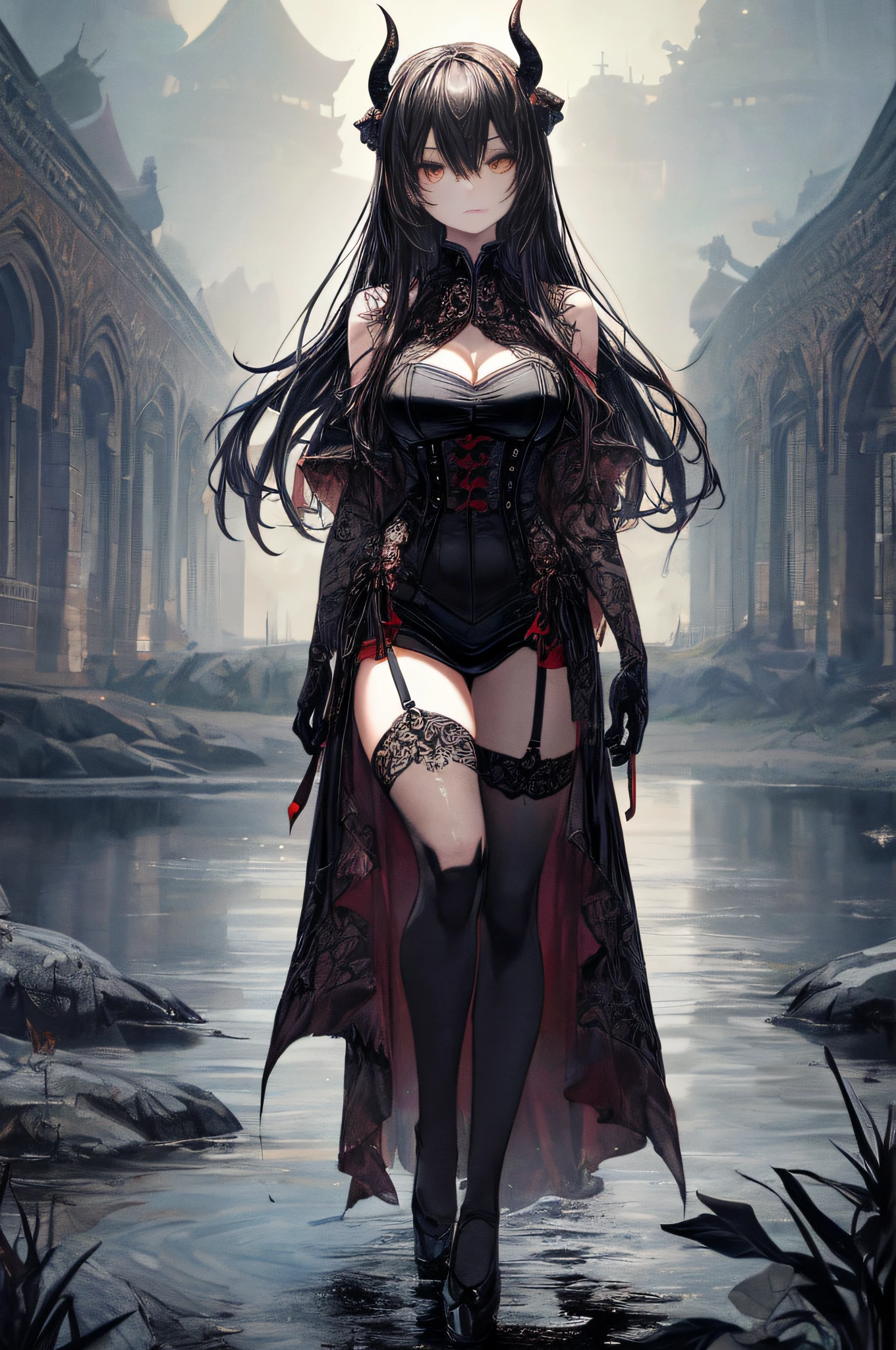 (Best Lighting) , (Ultra Intricate Detail) , 4K Unified, (Ultra Detailed CG: 1.2) , (8K: 1.2), (Original), (Masterpiece) , (Best Quality), (Masterpiece: 1.4), anime-like high quality, (masterpiece), masterpiece, solo, best quality, absurd, dark series, castle Beijing, lake background, ((master peace, 4k, 8k, high resolution)), solo (female demon (black red, beautiful, mysterious, intricate, melancholic appearance, extremely seductive expression)), standing, black water surface, hair, slender legs, black suspender stockings, surreal, epic landscape