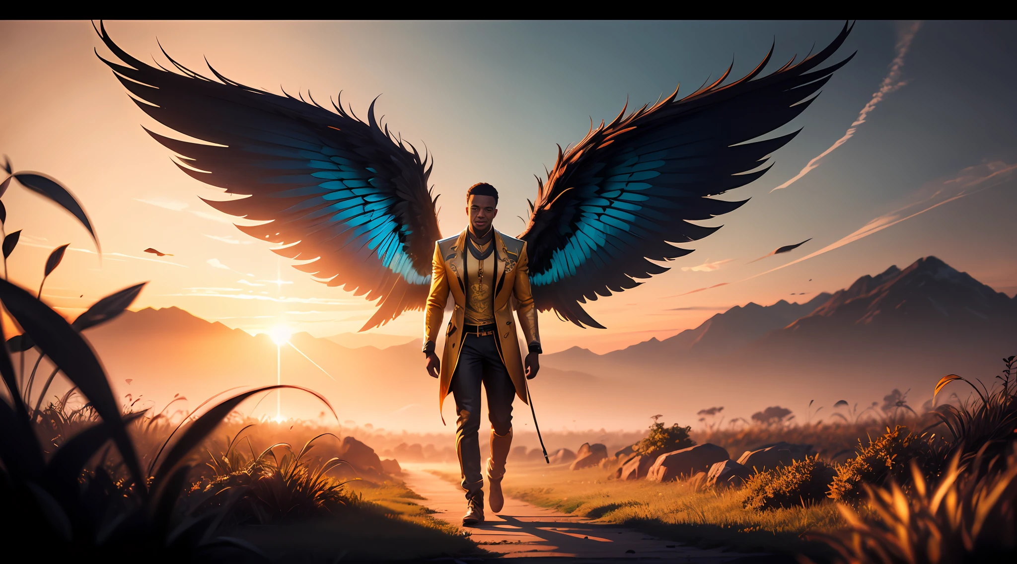 Fairy male black man with orange and gold details, large wings, vegetation blurred background, vibrant colors, lush light, soft light, sunset light, smooth light, symmetrical, full body, reflections, HDR lighting, 8k resolution, cinematic film, smooth, strobe light beams, masterpiece, full body