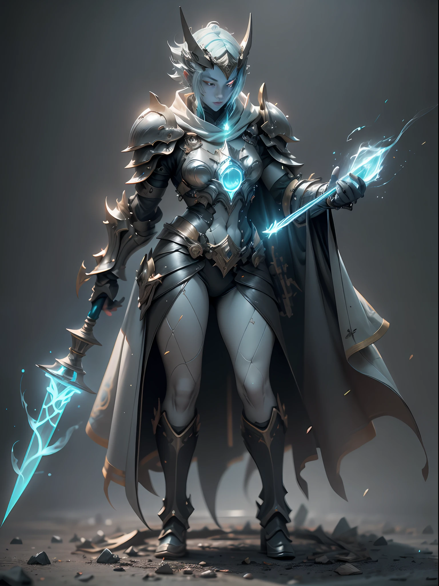 Ghost mage holding ice wand, ice blue armor all over, super cool ghost mage, wearing ice blue cape, huge staff, magic ball, magic pose, tall figure, glowing eyes, tall figure, perfect body proportions, super detail, IP by pop mart, edge light, avatar, octane rendering, blender, full body, clean black background, 3d, c4d, best quality, very detailed, ancient technology, HDR (High Dynamic Range), ray tracing, NVIDIA RTX, Super Resolution, Unreal 5, Subsurface Scattering, PBR Textures, Post-Processing, Anisotropic Filtering, Depth of Field, Maximum Sharpness and Acutance, Multilayer Textures, Albedo and Highlight Mapping, Surface Shading, Accurate Simulation of Light-Material Interactions, Perfect Ratio, Octane Rendering, Two-tone Lighting, Low ISO, White Balance, Rule of Thirds, Wide Aperture, 8K RAW, High Efficiency Sub-Pixel, Subpixel Convolution, Luminescent Particles, Light Scattering, Tyndall Effect