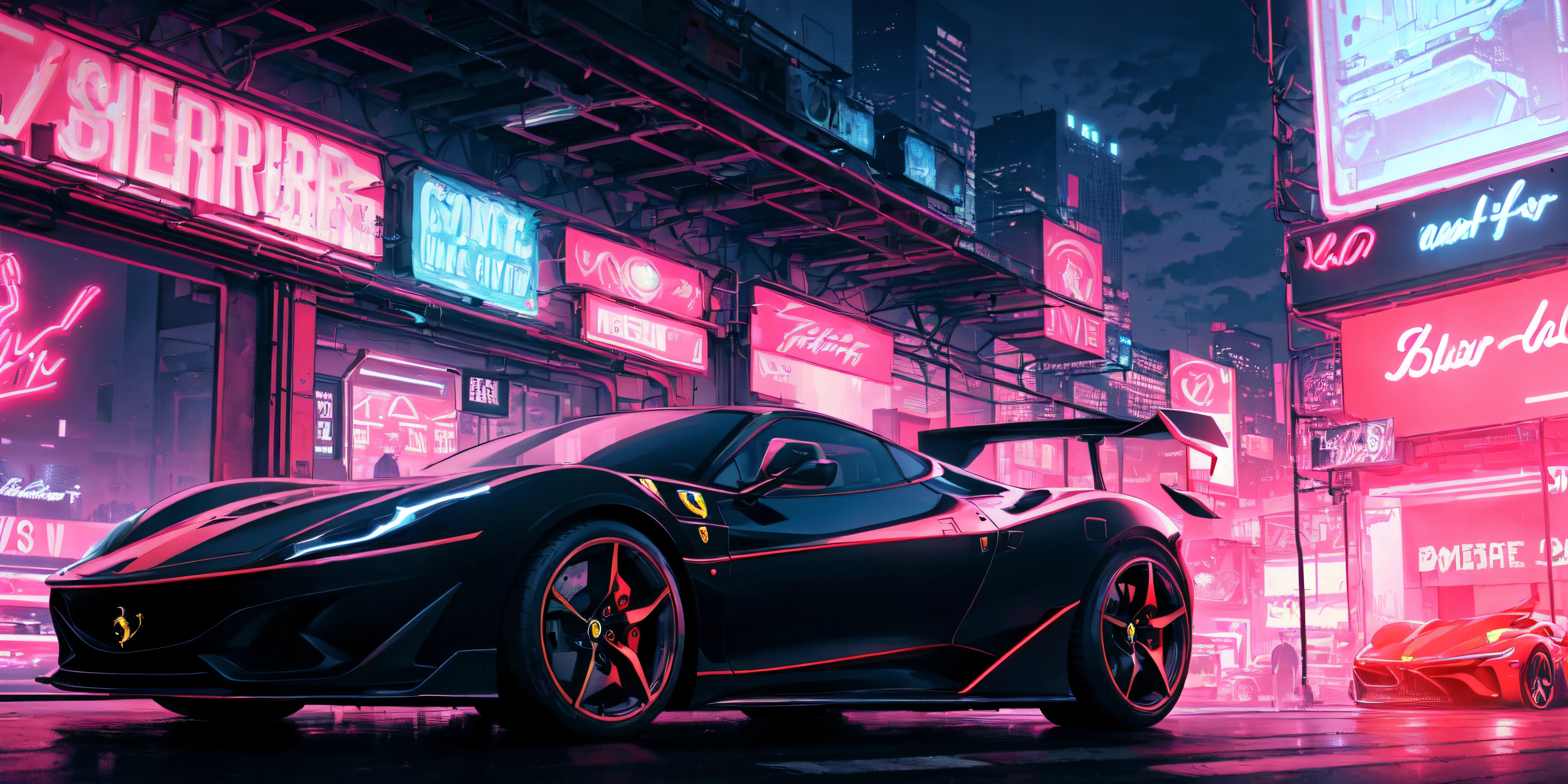 best quality, masterpiece, detailed background, highly detailed, intricate, cyberpunk city, road, cyberpunk, sunny, day, clouds, skyscraper, futuristic, science fiction, car focus, cool car, (cyberpunk car, futuristic car:1.2), (neon car, neon wheels, neon lights:1.4), (black ferrari:1.3), (red lights), (future car), (car front view:1.2)