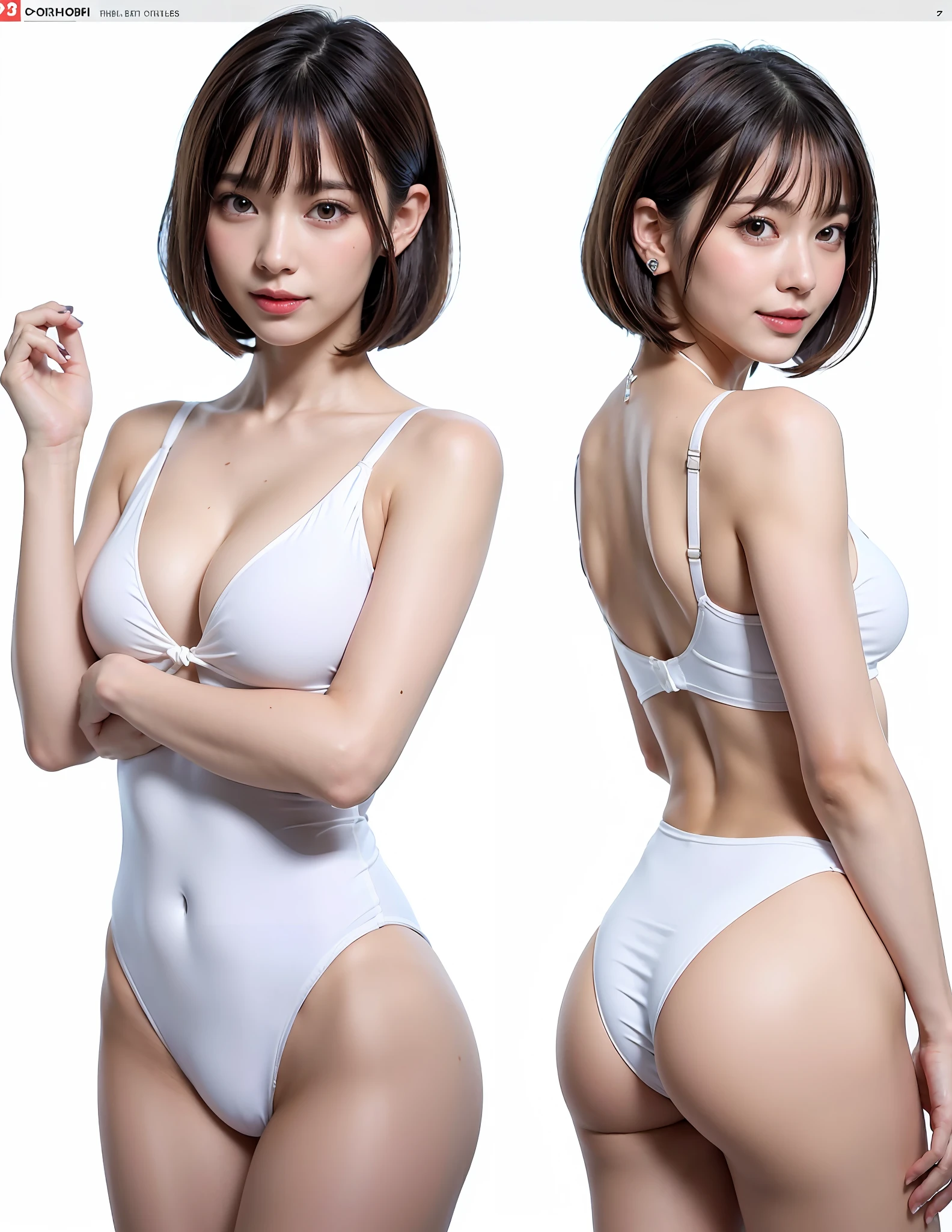 (8k, RAW photos, highest quality, masterpiece: 1.7). (Realistic, Photorealistic: 1.9). 1 girl. Japanese. Woman. Photon mapping. Radio City. Big tits. See-through shirt. The tips of the are sticking out. Areola protruding. The shape of the pubic area is clearly visible. Gal. Lots of lashes. Pubic hair. The lower abdomen bristles. Slender. The crotch is open. My are big and are about to spill out of my bra. Very much pubic hair. Pubic hair protrudes very much. Masterpiece, top quality, ultra high resolution, (photorealistic photo: 1.4), ((1 girl, white fair skin: 1.4, looking down the viewer from above, face close-up, 19 years old, pretty, cute, black hair, bob_cut, short hair with bangs, big breasts)), (bikini swimsuit, simple blue and white two-tone swimsuit, blue and white swimsuit, naughty swimsuit, (portrait of a beautiful and famous actress), (smile, happy, Joy, cheerfulness, closing mouth), (breasts tucked between arms and breasts), high detailed eyes, ((((Really pure white background, nothing background)))), long neck, (short hair with bangs, bangs)))), eyelashes, big eyes, (((very beautiful, very beautiful, tremendously beautiful, clean collarbones, clean bangs)), (((natural light, ears, sheer, see-through, transparent, huge, big thighs, Big butt, highlights in the eyes, swimsuit with a small area)))