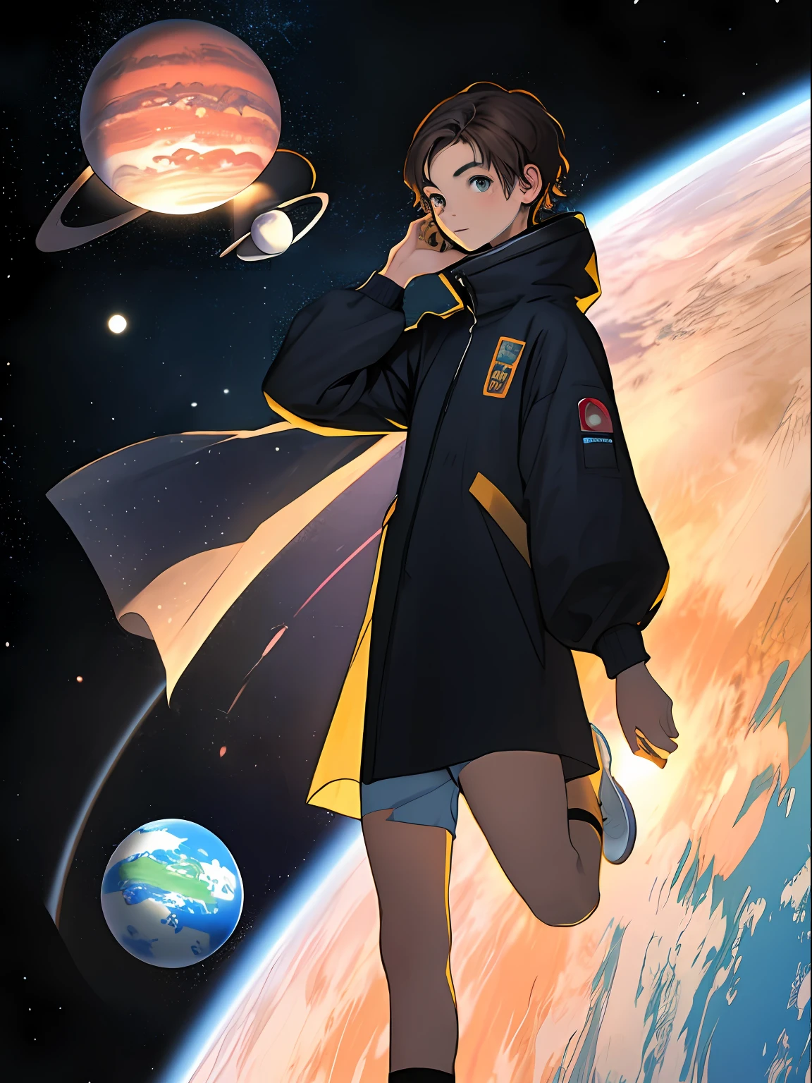 (detailed image) young brunette with very short hair looking at the planets