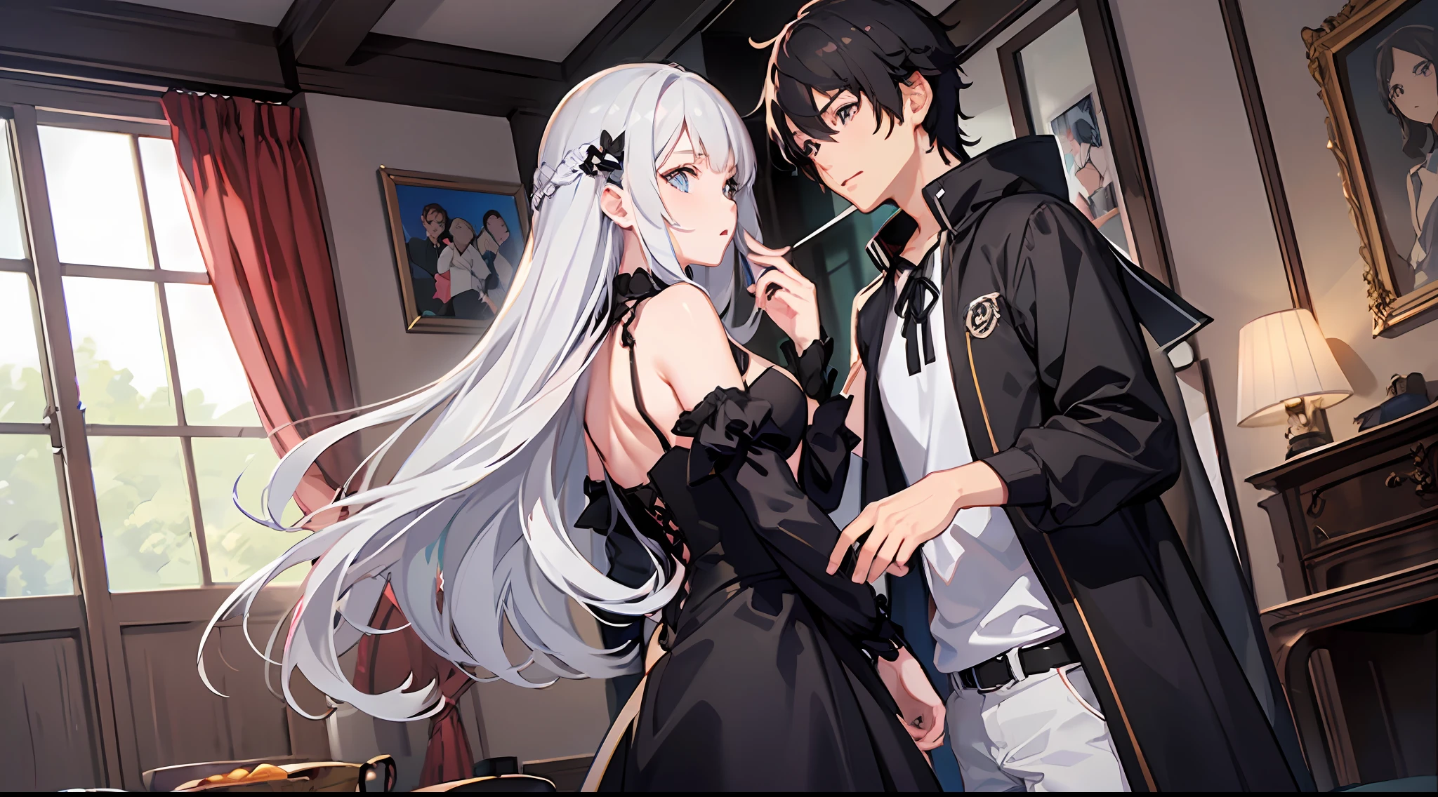 A girl with long fluffy silver hair and an anime man with short black hair, inspired by Masanobu Okumura, standing in the living room of the villa, holding the man, full body, girl in dress, girl in black tights, boy in white T-shirt, looking at each other, time at night, super detailed CG, delicate facial features, clear facial expressions, detailed digital anime art, digital animation art, high-quality anime art style