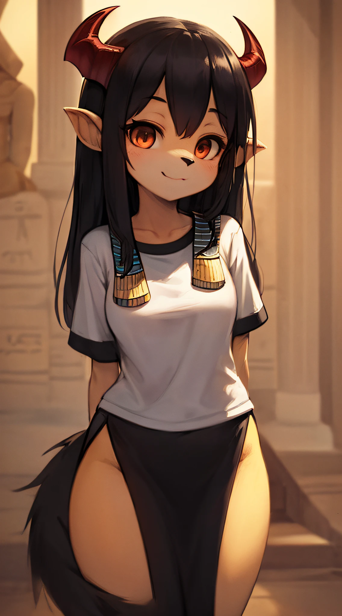 (Ancient Egypt), (Hand behind Back), (Succubus), Furry, White Fur, Super Cute Face, Detail Elements on Fur, Glowing T-Shirt, Beautiful Lights and Shadows, Ambient Light, Super Fine Fur, Volume Light