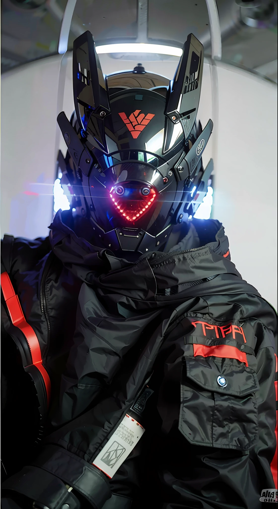 Masterpiece, best quality, a close-up of a futuristic-looking cyborg girl with a fantastic cyberhelmet head with red triangular LED lights and a halo, dressed in a black Techwear jacket, full body white background