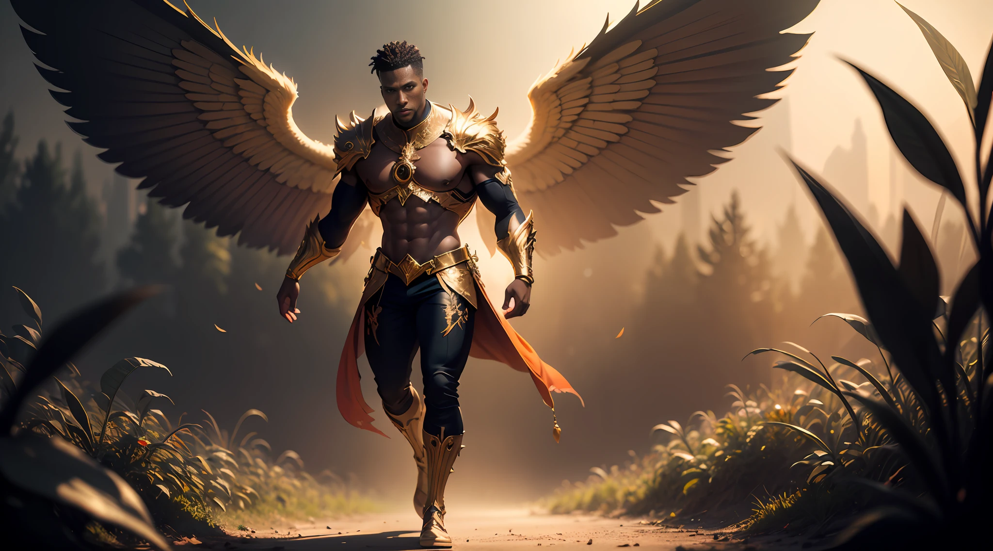 Fairy male black man with orange and gold details, large wings, vegetation blurred background, vibrant colors, lush light, soft light, sunset light, smooth light, symmetrical, full body, reflections, HDR lighting, 8k resolution, cinematic film, smooth, strobe light beams, masterpiece, full body