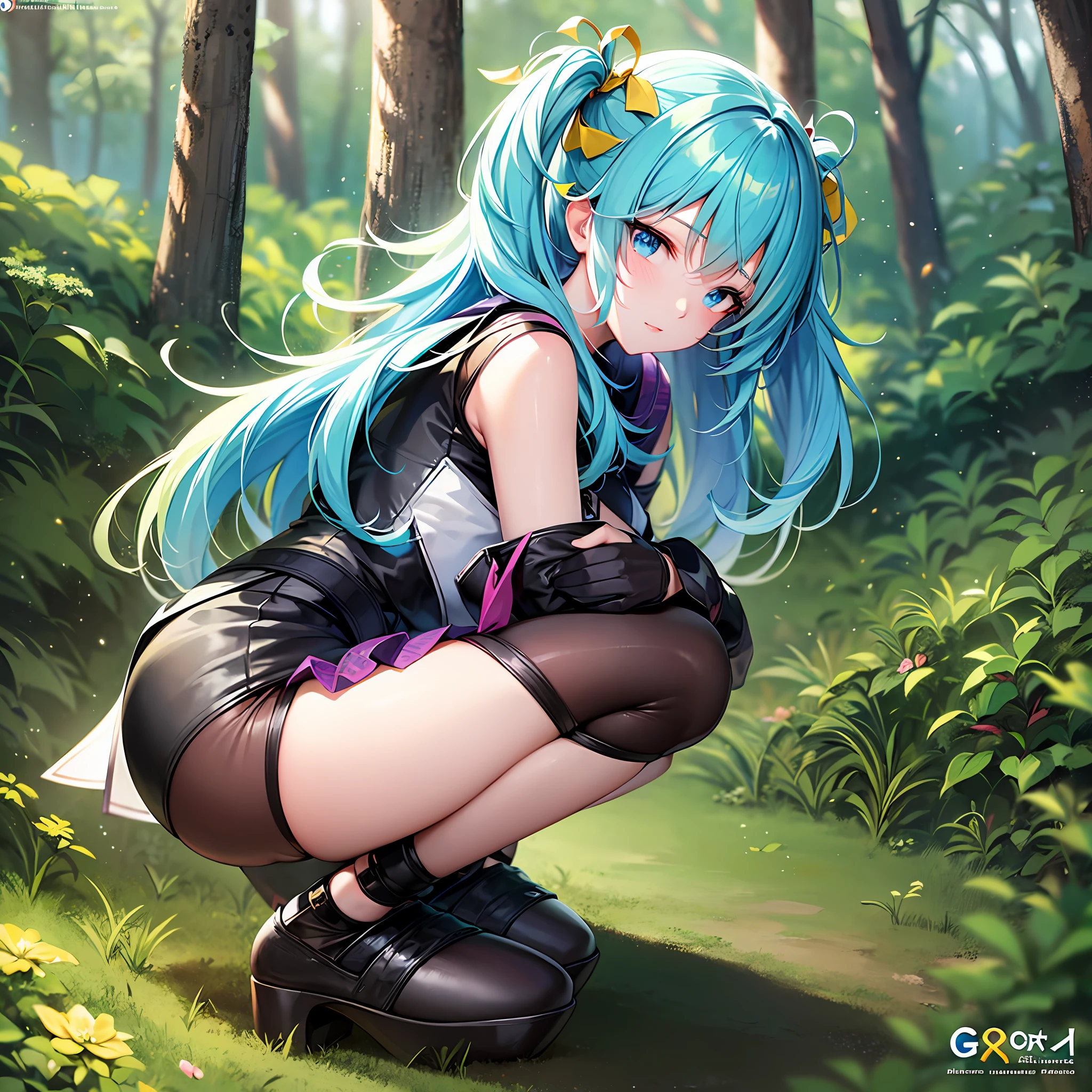 Anime girl with blue hair and black stockings kneeling on platform, trending on art station pixiv, from Arc Knights, squatting beautiful anime girl, badass anime 8K, anime girl squatting, gwigs on pixiv art station, gwise on art station pixiv, animation art wallpaper 8 K, Anime Art Wallpaper 4K Omorashi Camping In the Forest