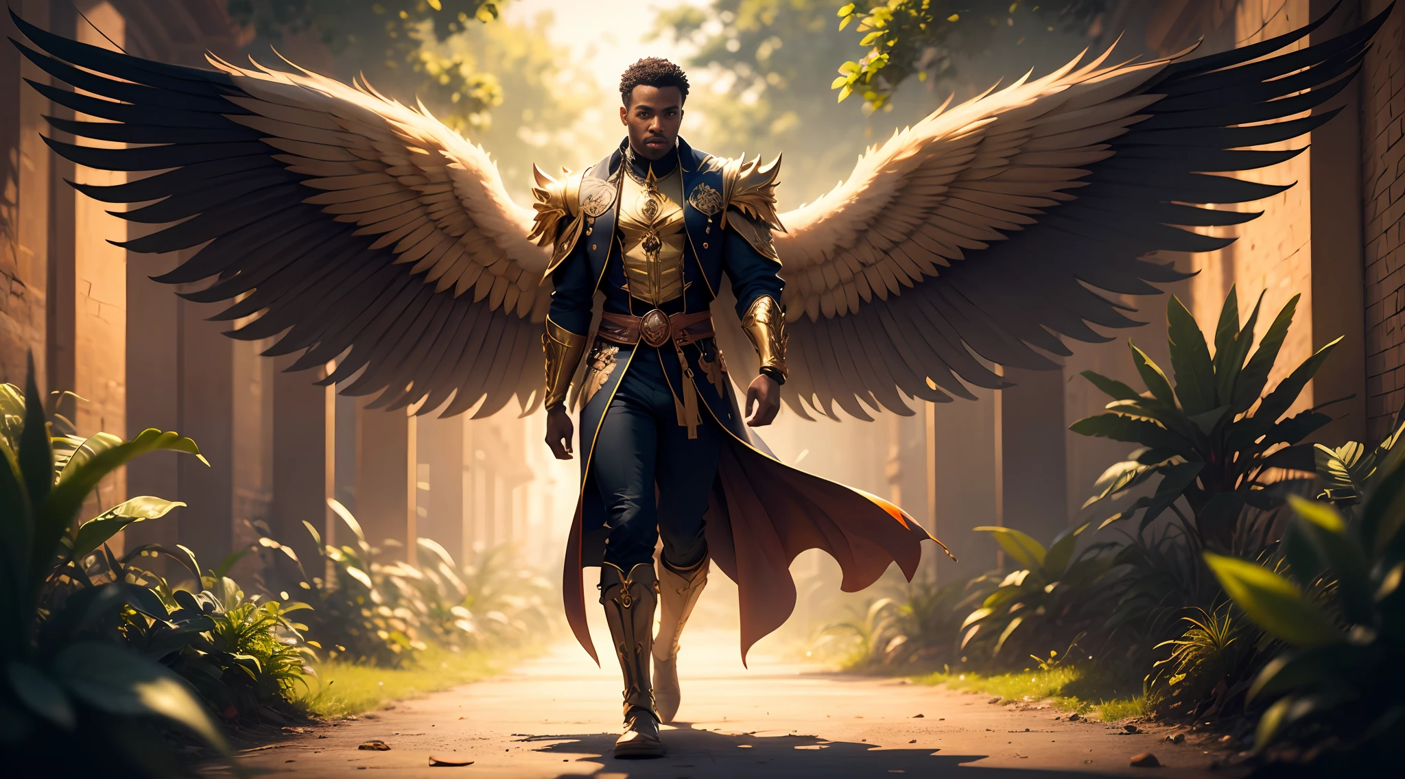Fairy male black man with orange and gold details, large wings, vegetation blurred background, vibrant colors, lush light, soft light, sunset light, smooth light, symmetrical, full body, reflections, HDR lighting, 8k resolution, cinematic film, smooth, strobe light beams, masterpiece, full body