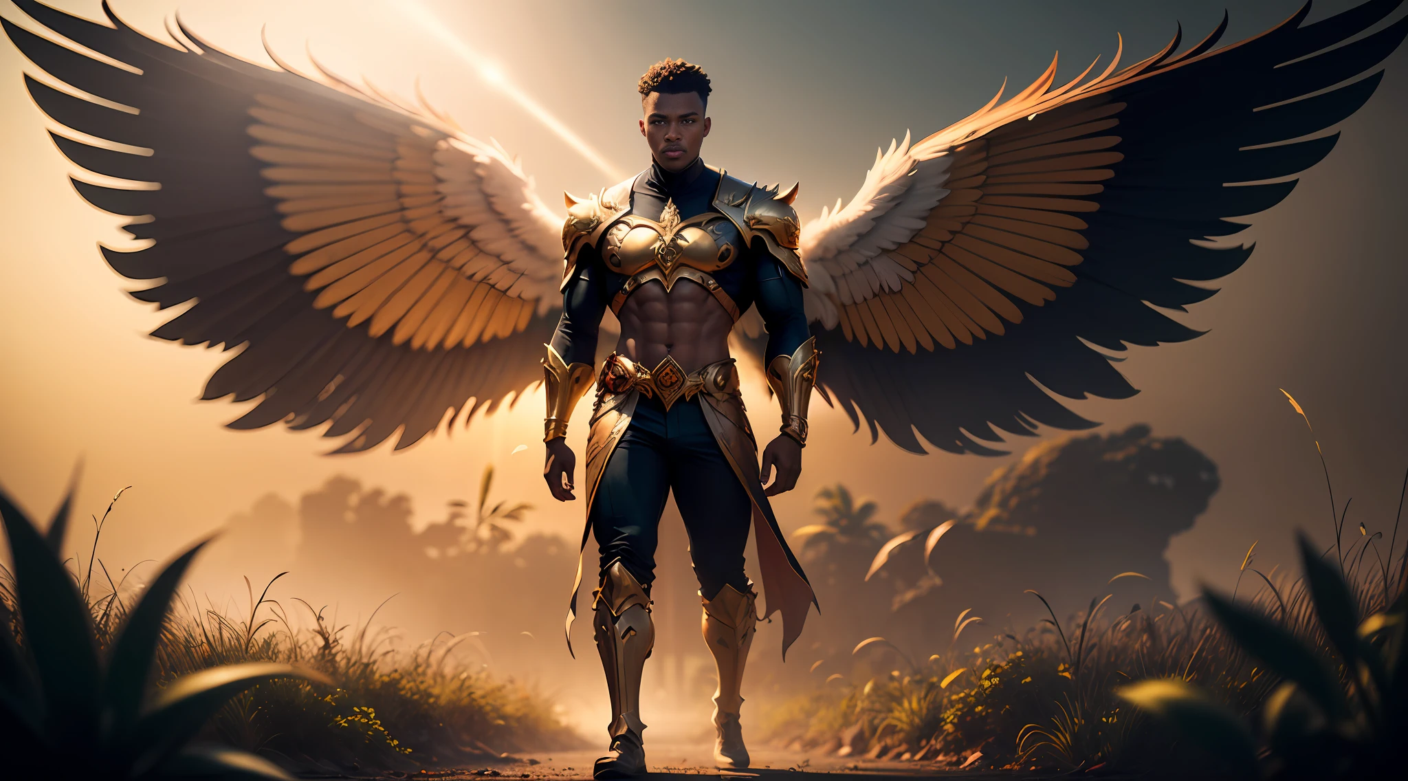 Fairy male black man with orange and gold details, large wings, vegetation blurred background, vibrant colors, lush light, soft light, sunset light, smooth light, symmetrical, full body, reflections, HDR lighting, 8k resolution, cinematic film, smooth, strobe light beams, masterpiece, full body